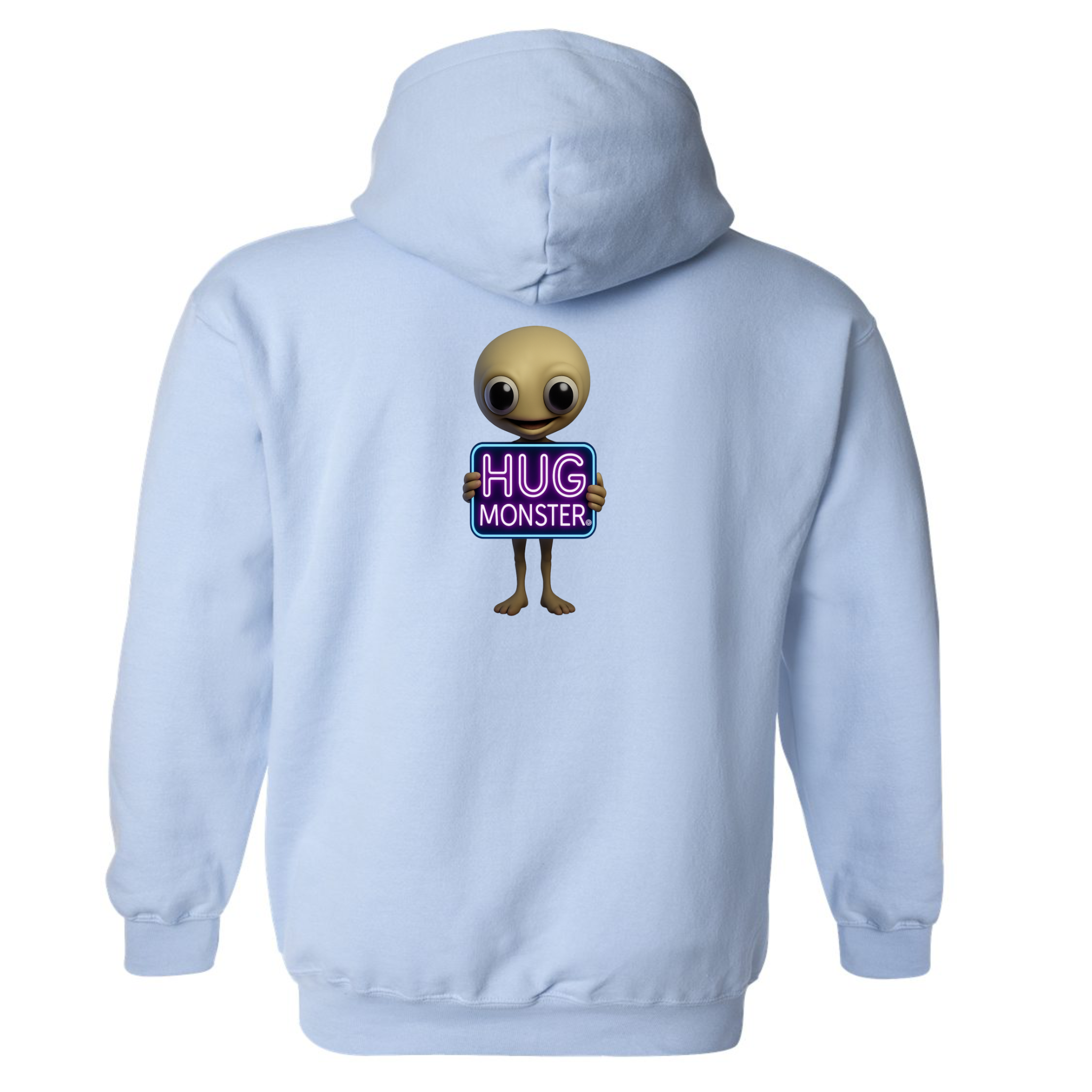 Hug Monster Alien Holds Neon Sign graphic hoodie in Baby Blue cozy fleece positive message sweatshirt