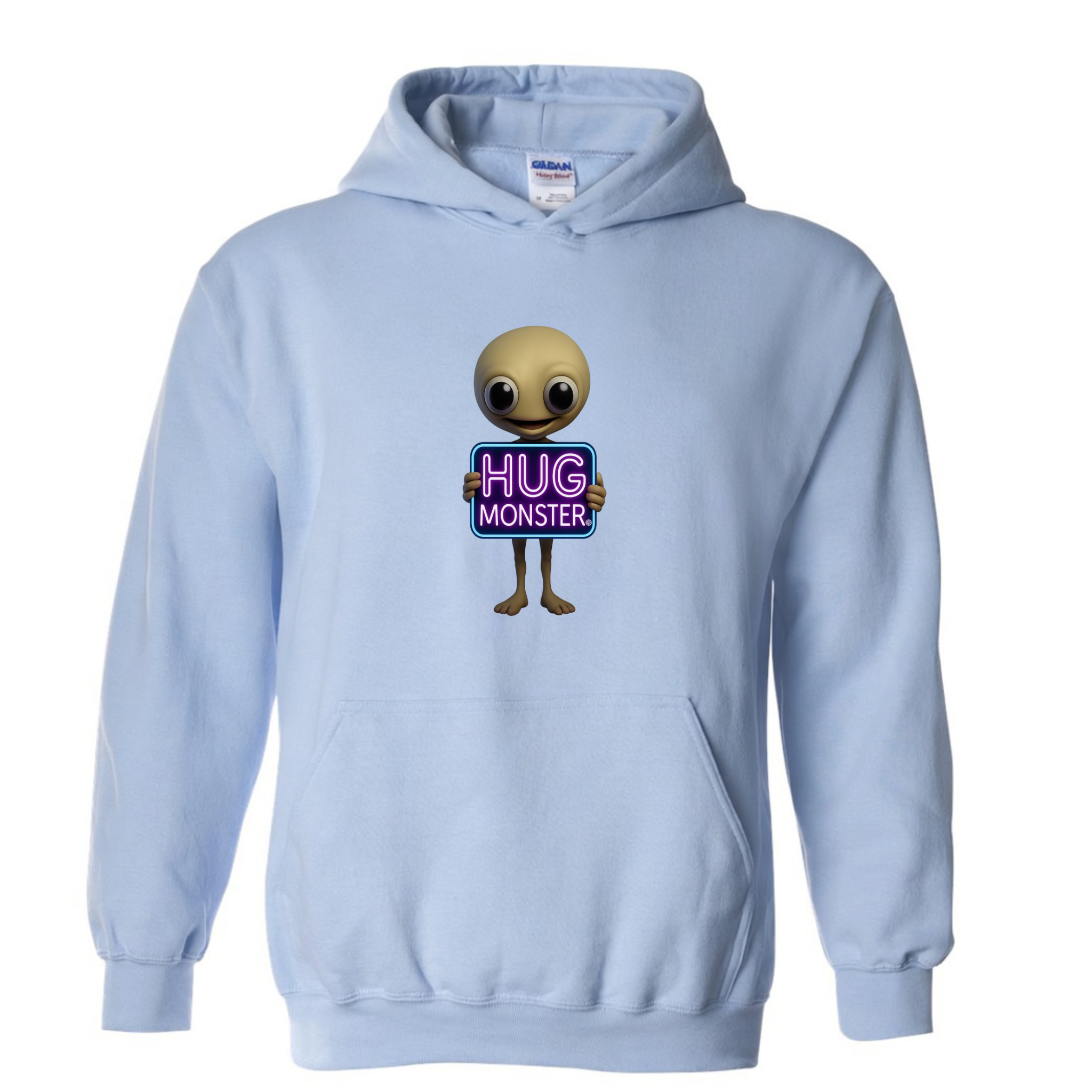 Hug Monster Alien Holds Neon Sign graphic hoodie in Baby Blue cozy fleece positive message sweatshirt