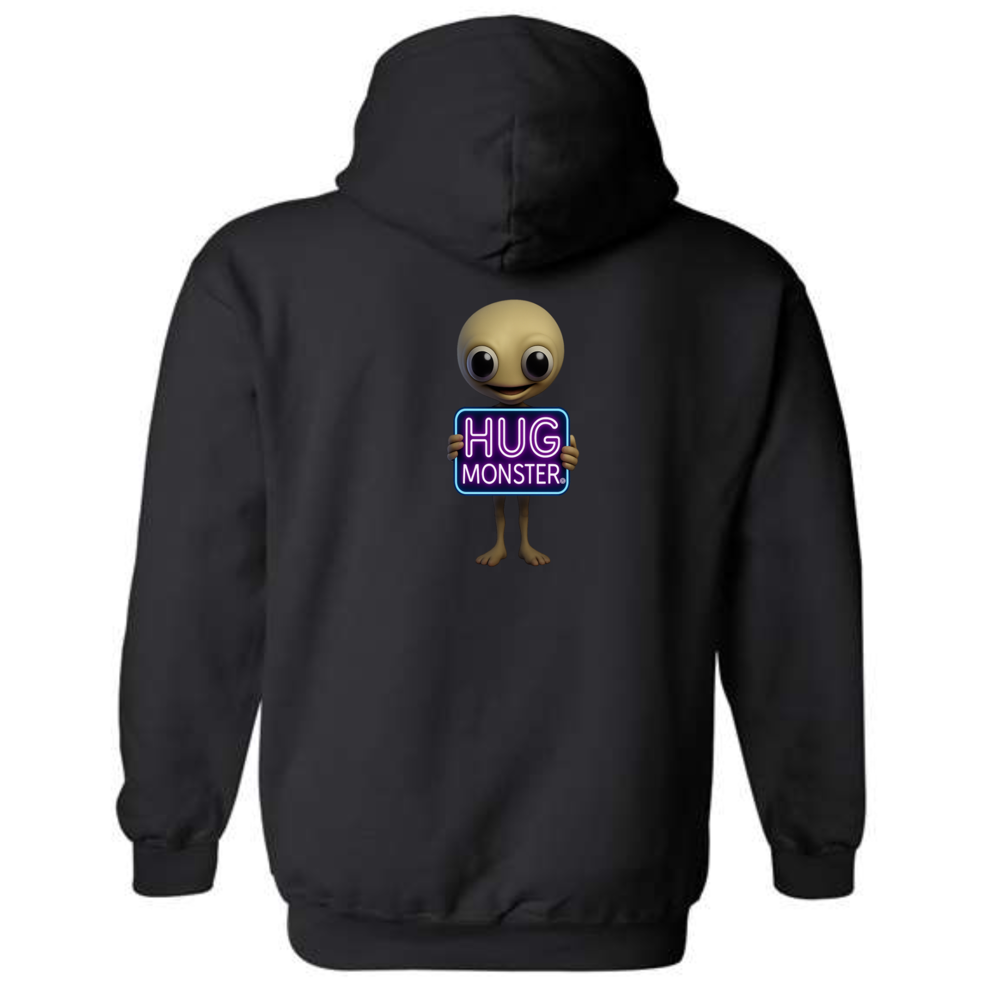 Hug Monster Alien Holds Neon Sign graphic hoodie in Black cozy fleece positive message sweatshirt