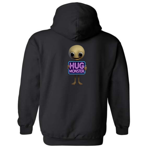 Hug Monster Alien Holds Neon Sign graphic hoodie in Black cozy fleece positive message sweatshirt