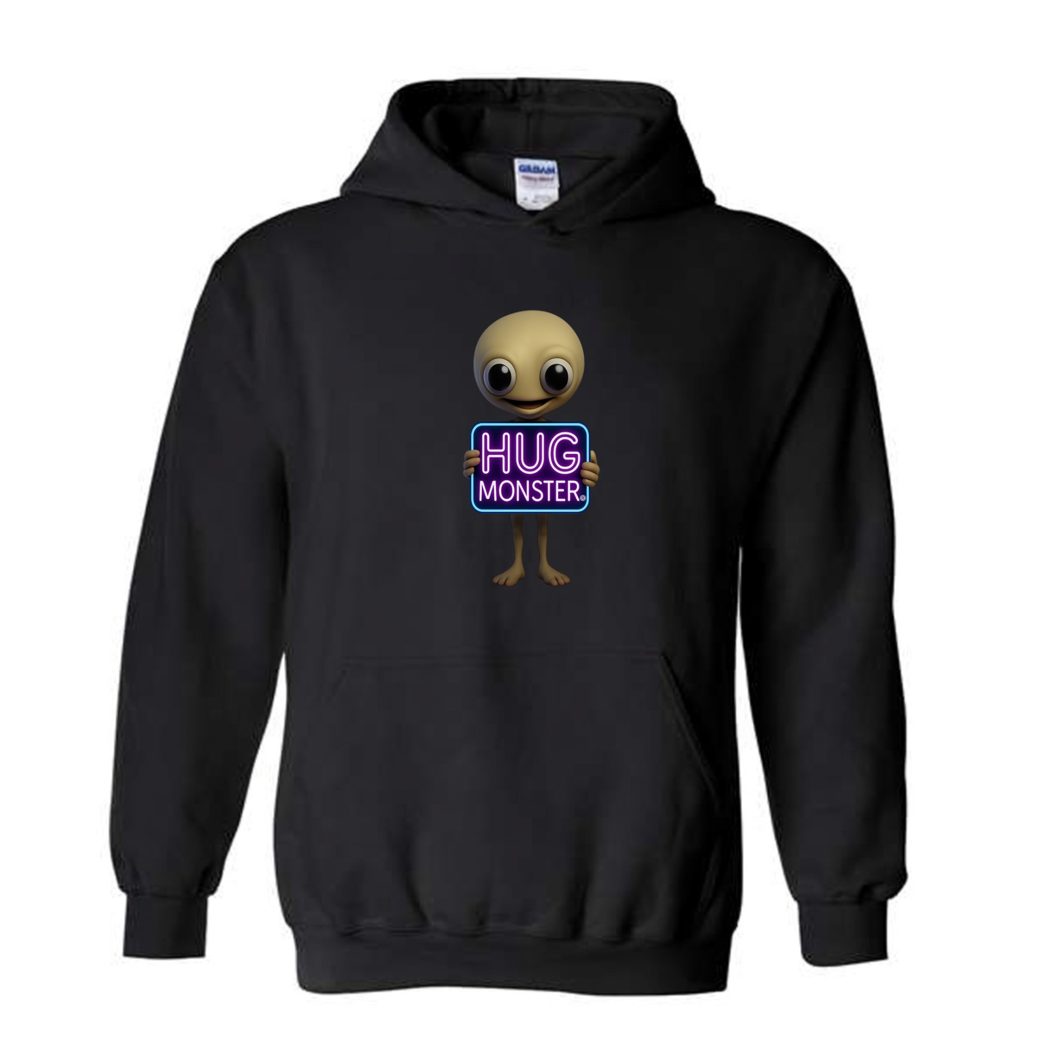 Hug Monster Alien Holds Neon Sign graphic hoodie in Black cozy fleece positive message sweatshirt