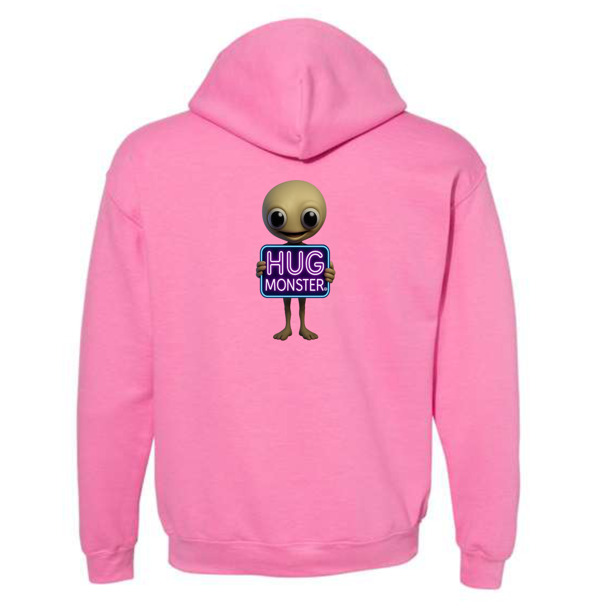 Hug Monster Alien Holds Neon Sign graphic hoodie in Bright Soft Rose Pink cozy fleece positive message sweatshirt