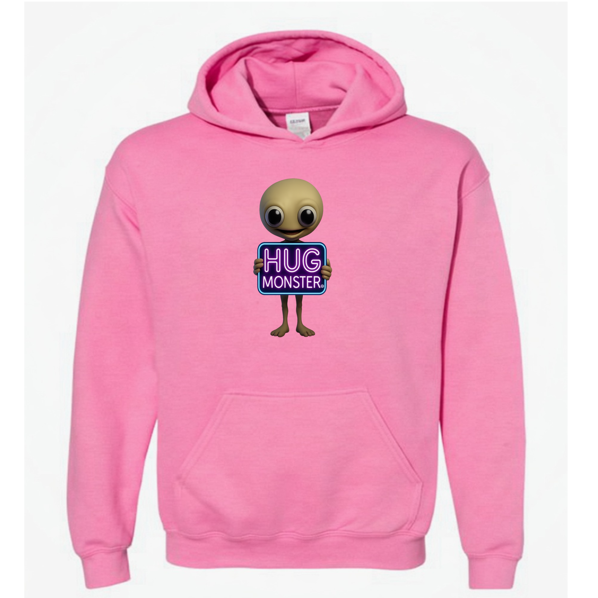 Hug Monster Alien Holds Neon Sign graphic hoodie in Bright Soft Rose Pink cozy fleece positive message sweatshirt