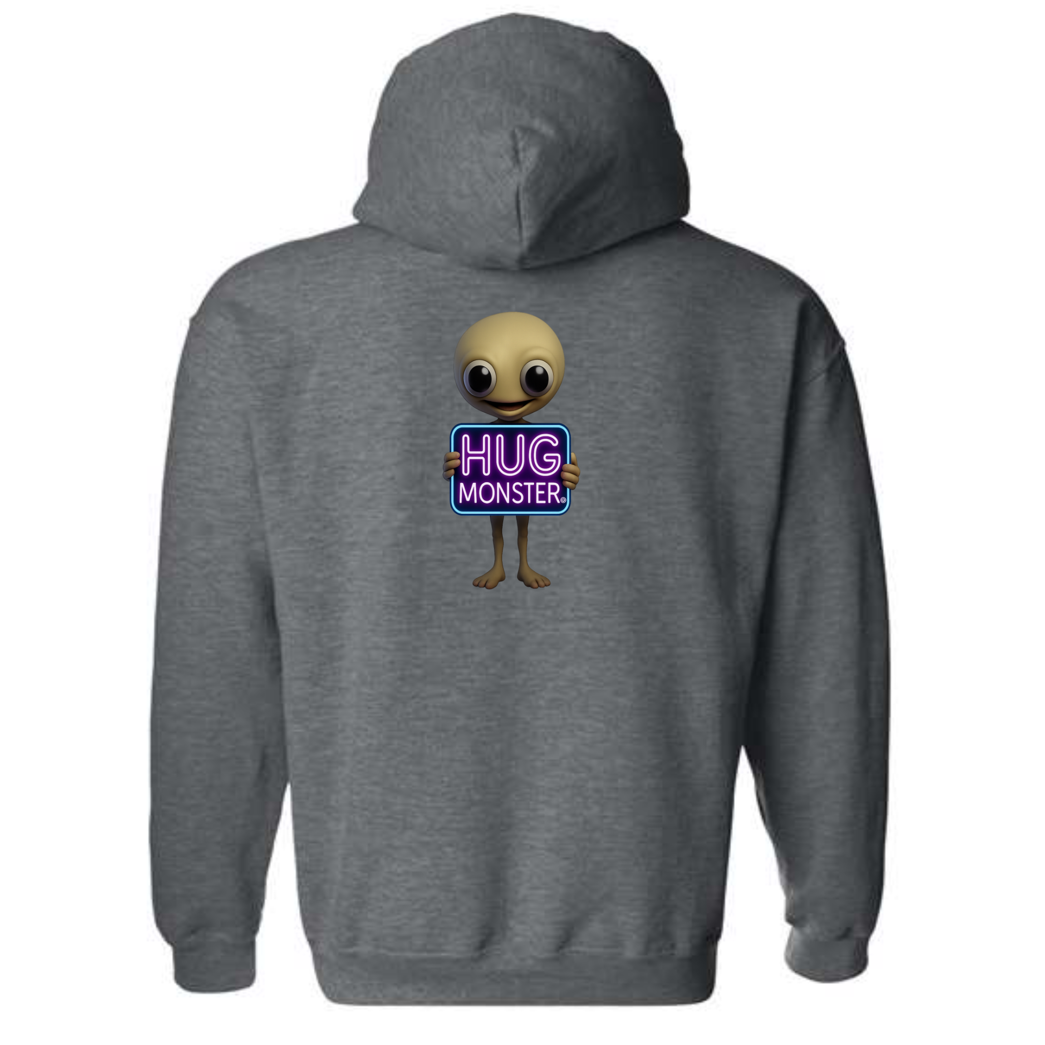 Hug Monster Alien Holds Neon Sign graphic hoodie in Dark Heather Grey cozy fleece positive message sweatshirt