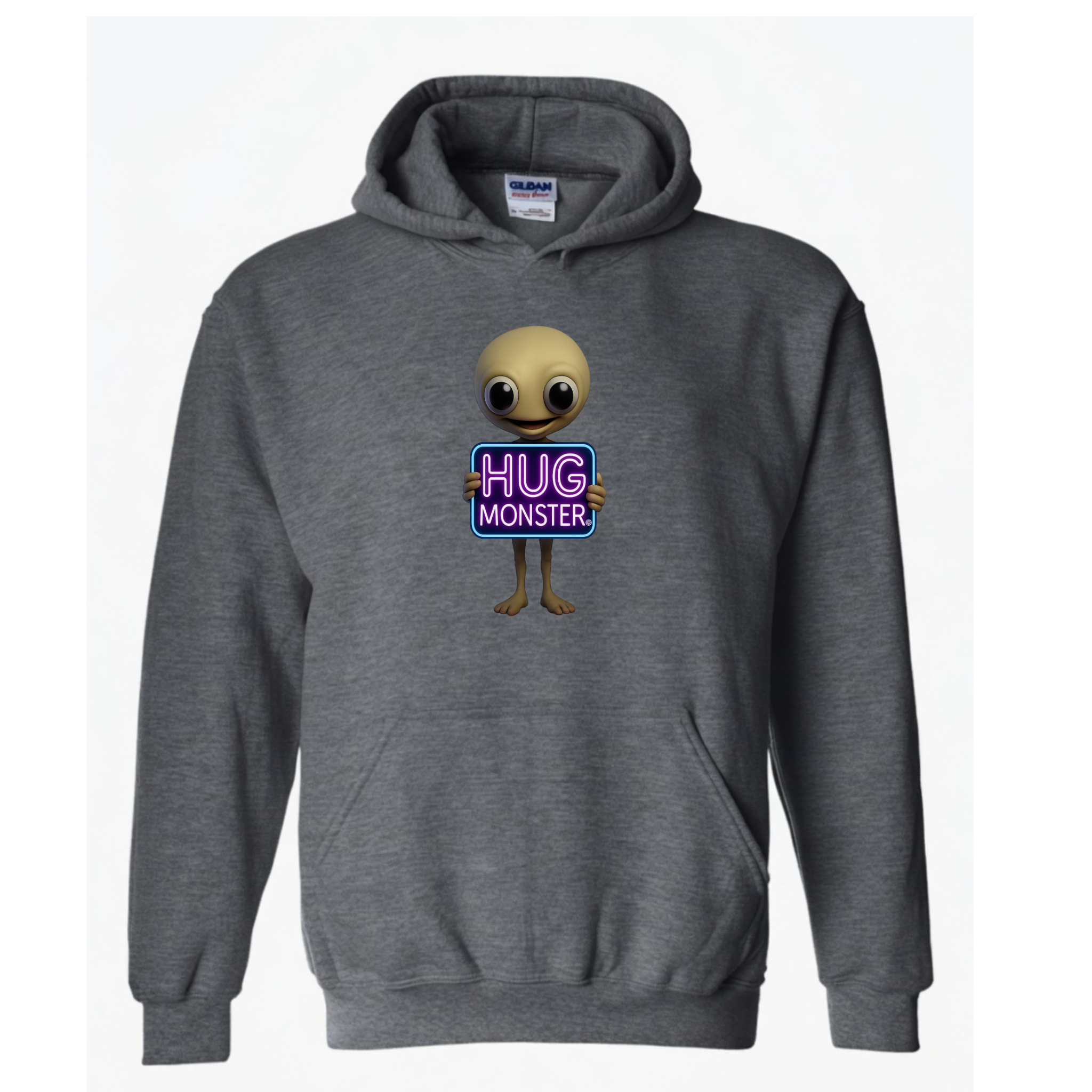 Hug Monster Alien Holds Neon Sign graphic hoodie in Dark Heather Grey cozy fleece positive message sweatshirt