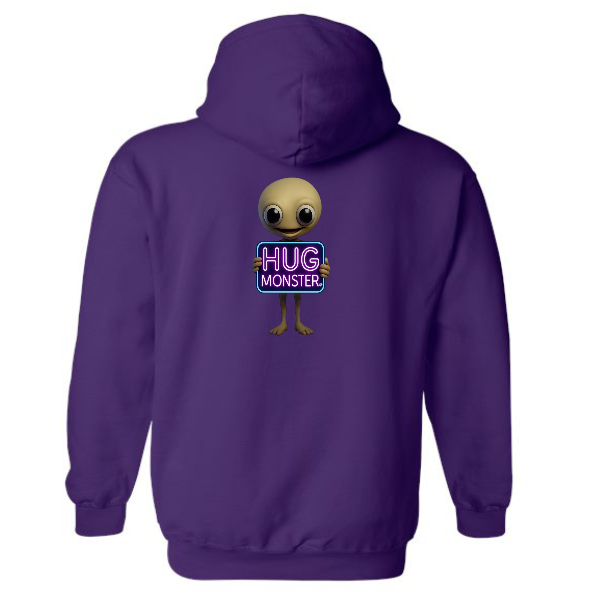 Hug Monster Alien Holds Neon Sign graphic hoodie in Purple cozy fleece positive message sweatshirt