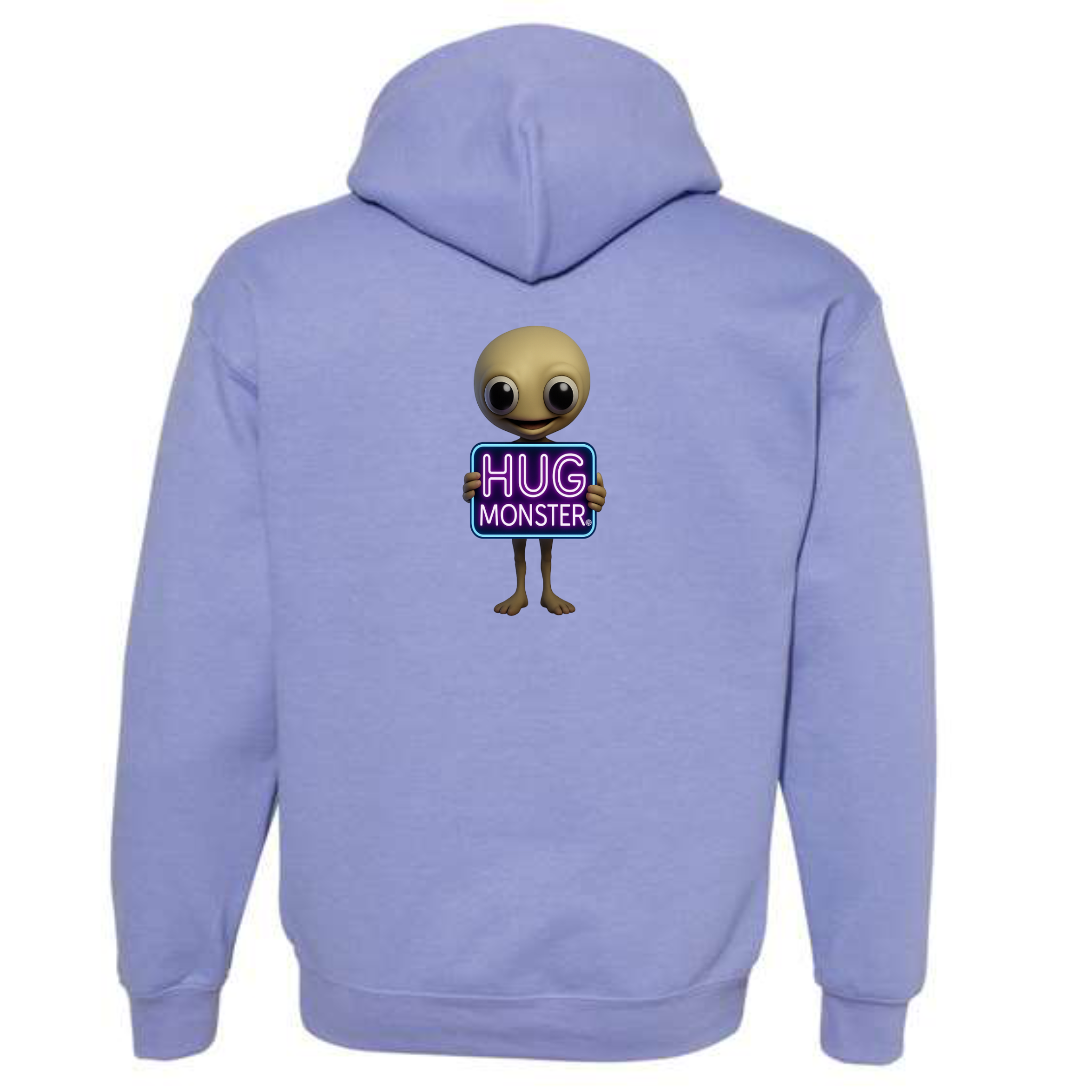 Hug Monster Alien Holds Neon Sign graphic hoodie in Violet cozy fleece positive message sweatshirt