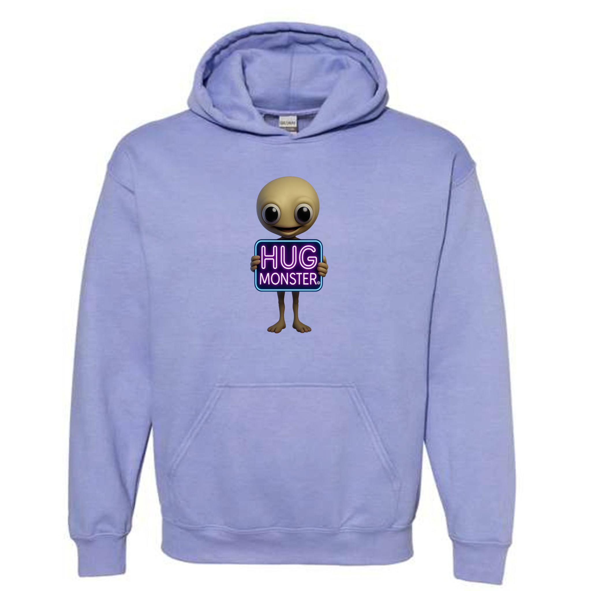 Hug Monster Alien Holds Neon Sign graphic hoodie in Violet cozy fleece positive message sweatshirt