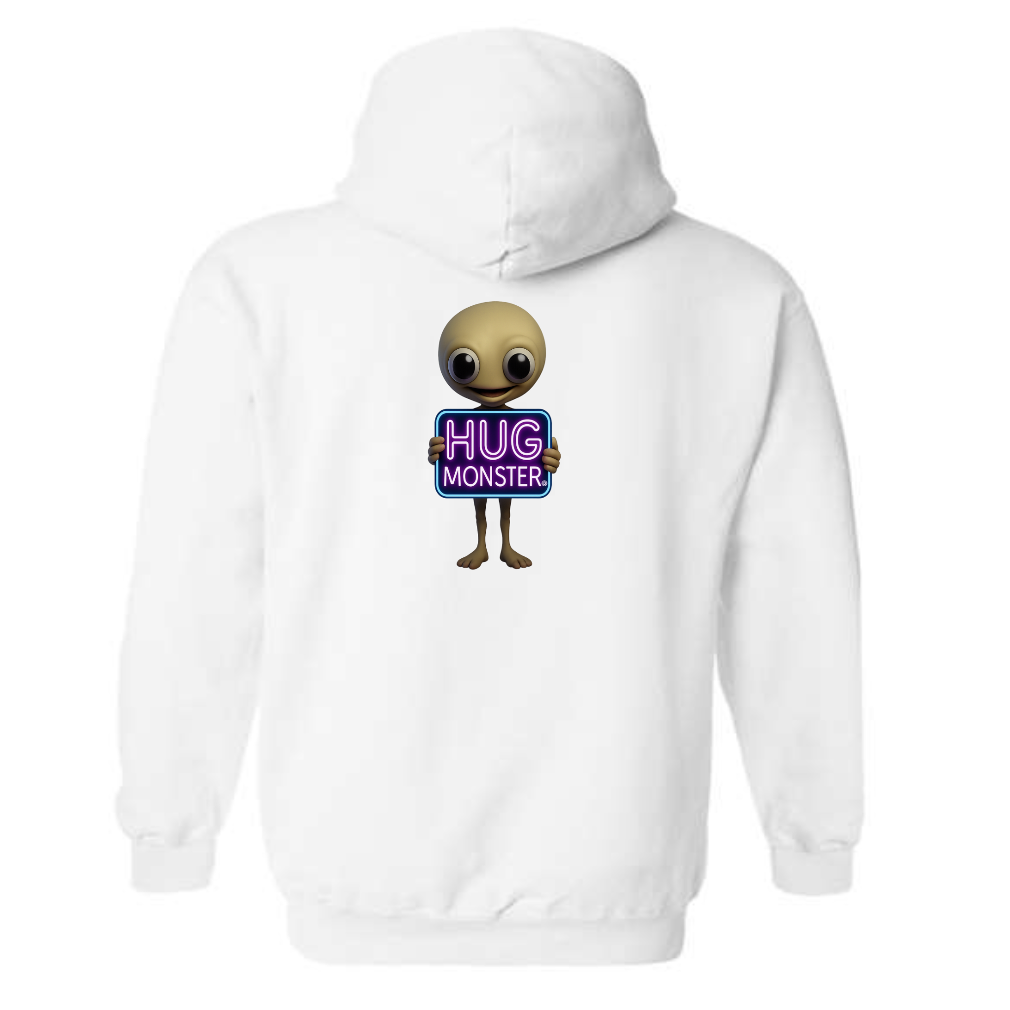 Hug Monster Alien Holds Neon Sign graphic hoodie in White cozy fleece positive message sweatshirt