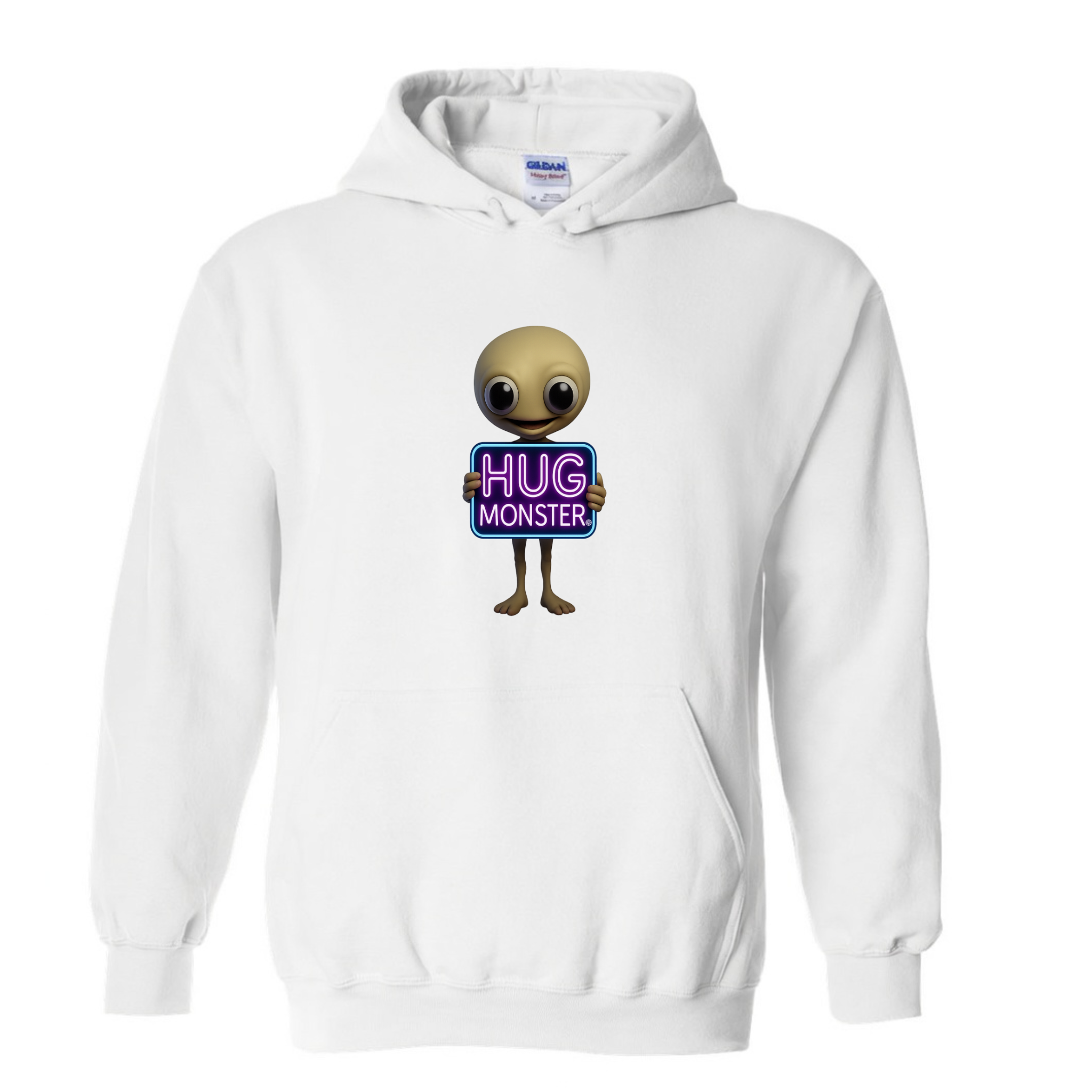 Hug Monster Alien Holds Neon Sign graphic hoodie in White cozy fleece positive message sweatshirt