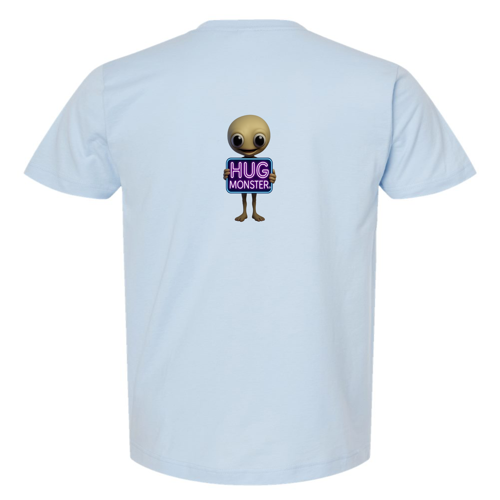 Hug Monster Alien Holds Neon Sign T-Shirt - Positive Message Graphic Tee in Baby Blue – Back View