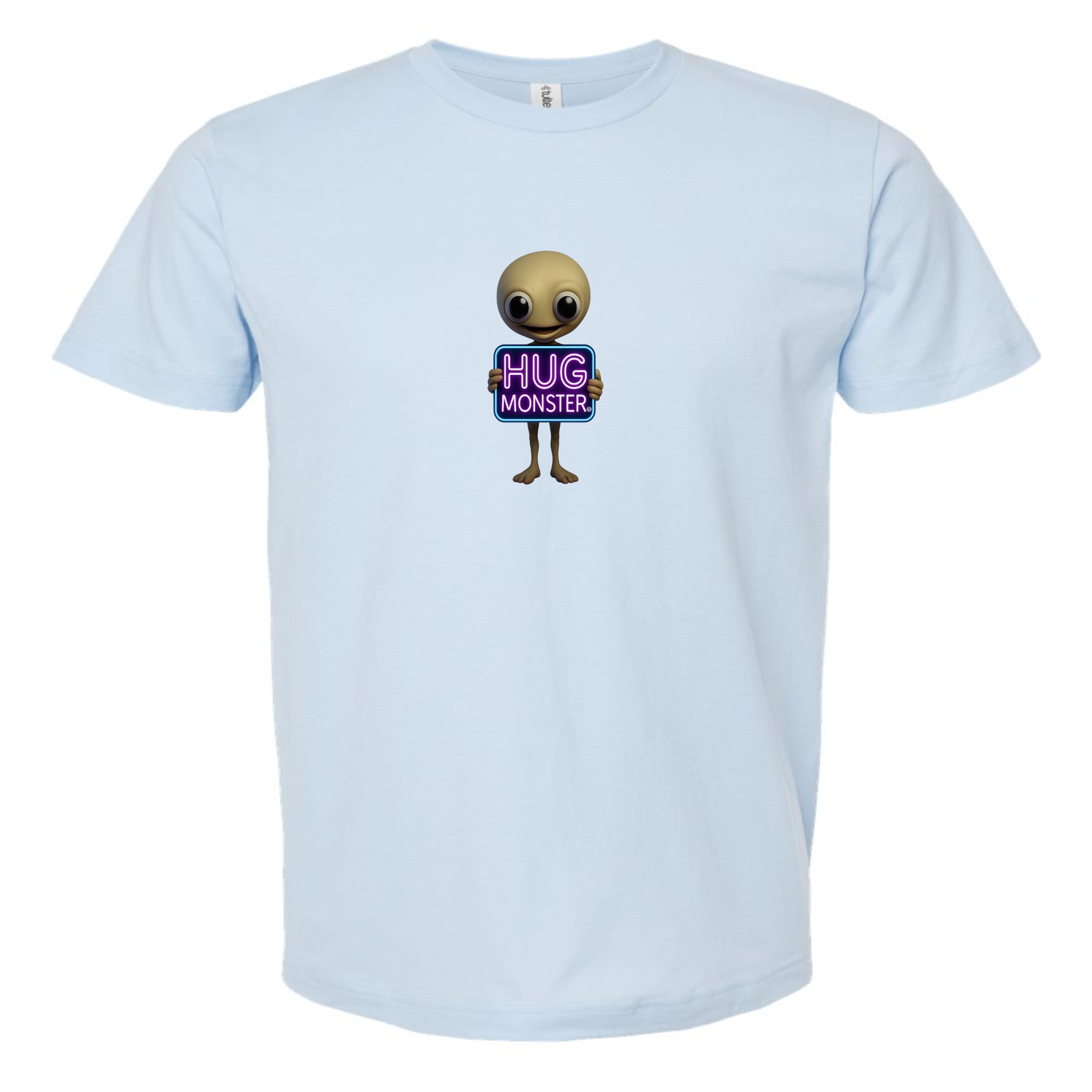 Hug Monster Alien Holds Neon Sign T-Shirt - Positive Message Graphic Tee in Baby Blue – Front View