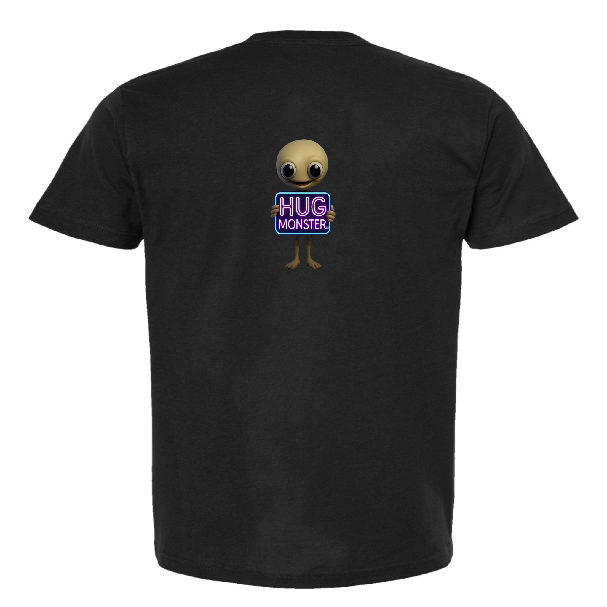 Hug Monster Alien Holds Neon Sign T-Shirt - Positive Message Graphic Tee in Black – Back View