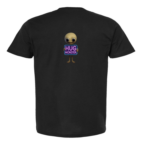 Hug Monster Alien Holds Neon Sign T-Shirt - Positive Message Graphic Tee in Black – Back View