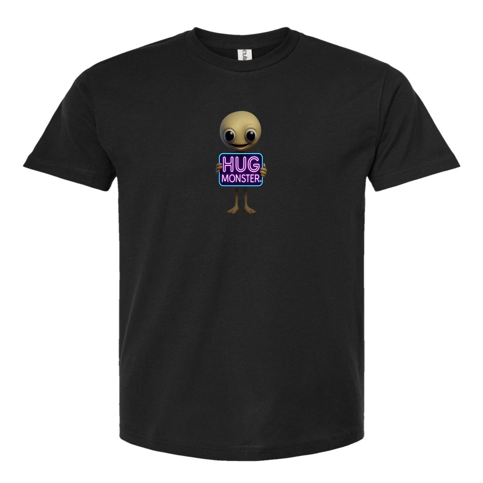 Hug Monster Alien Holds Neon Sign T-Shirt - Positive Message Graphic Tee in Black – Front View