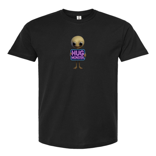 Hug Monster Alien Holds Neon Sign T-Shirt - Positive Message Graphic Tee in Black – Front View