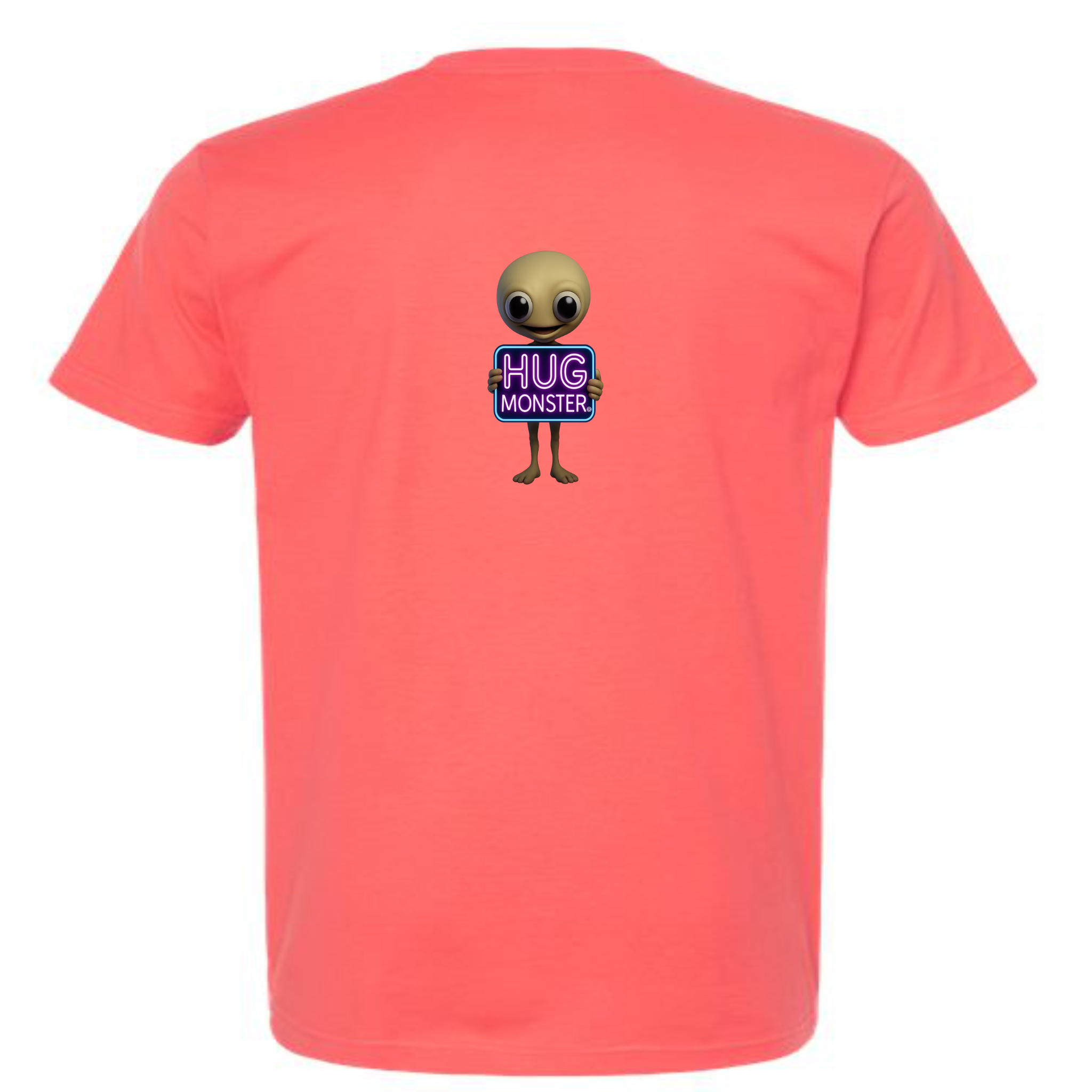 Hug Monster Alien Holds Neon Sign T-Shirt - Positive Message Graphic Tee in Bright Coral – Back View