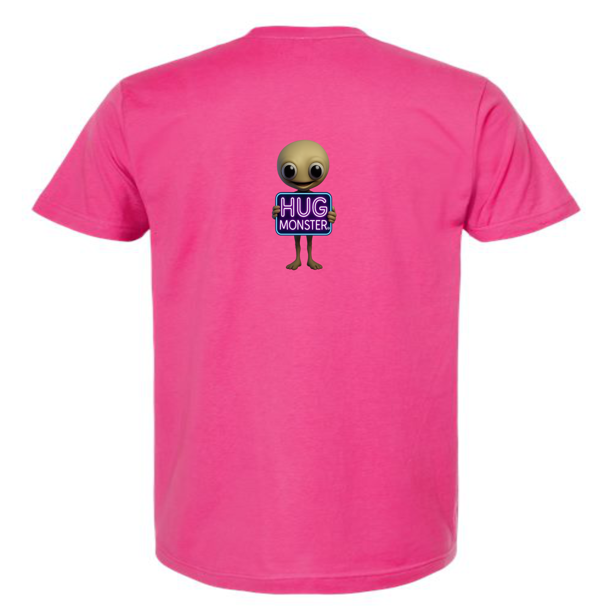 Hug Monster Alien Holds Neon Sign T-Shirt - Positive Message Graphic Tee in Bright Fuscia – Back View