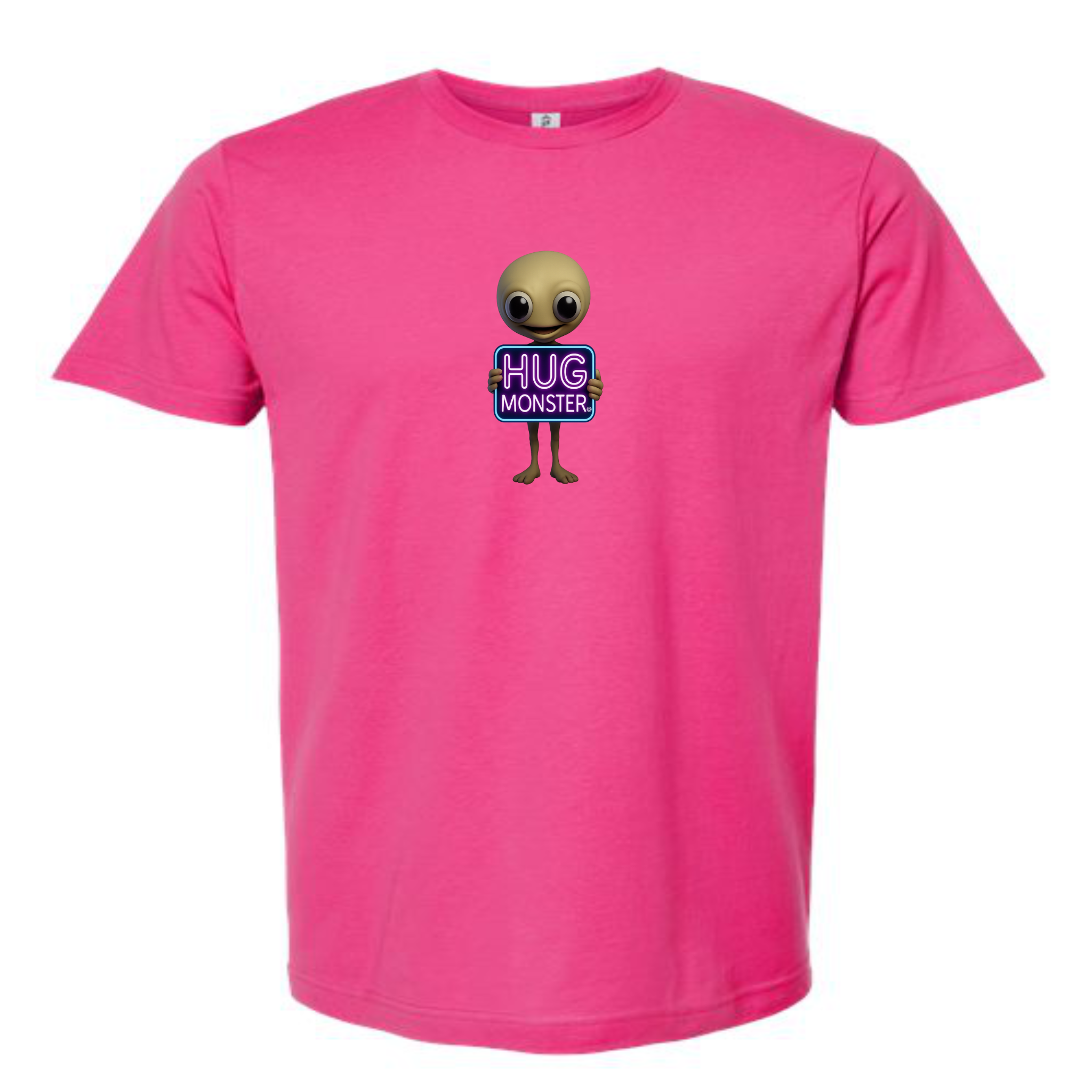 Hug Monster Alien Holds Neon Sign T-Shirt - Positive Message Graphic Tee in Bright Fuscia – Front View