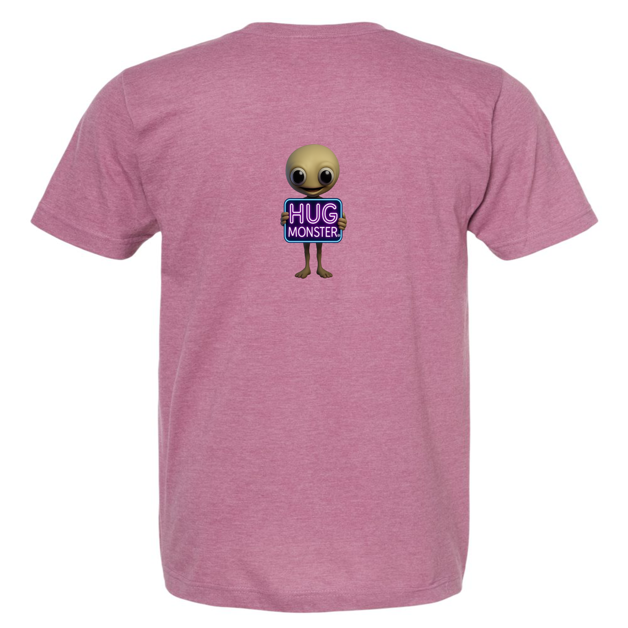 Hug Monster Alien Holds Neon Sign T-Shirt - Positive Message Graphic Tee in Heather Dusty Rose Pink – Back View