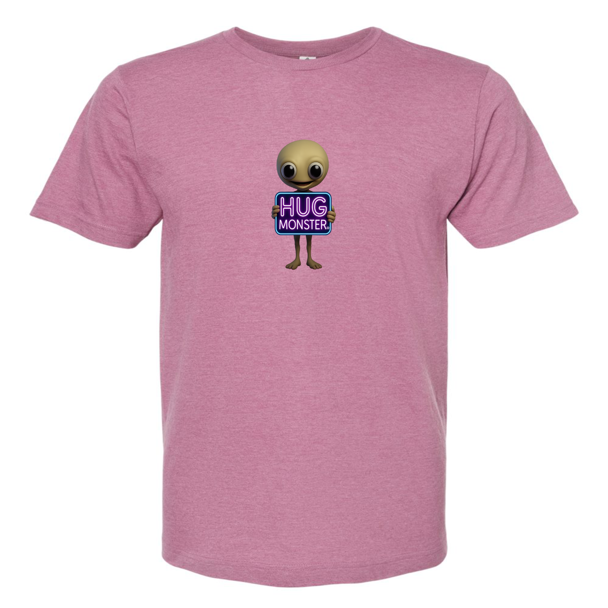 Hug Monster Alien Holds Neon Sign T-Shirt - Positive Message Graphic Tee in Heather Dusty Rose Pink – Front View