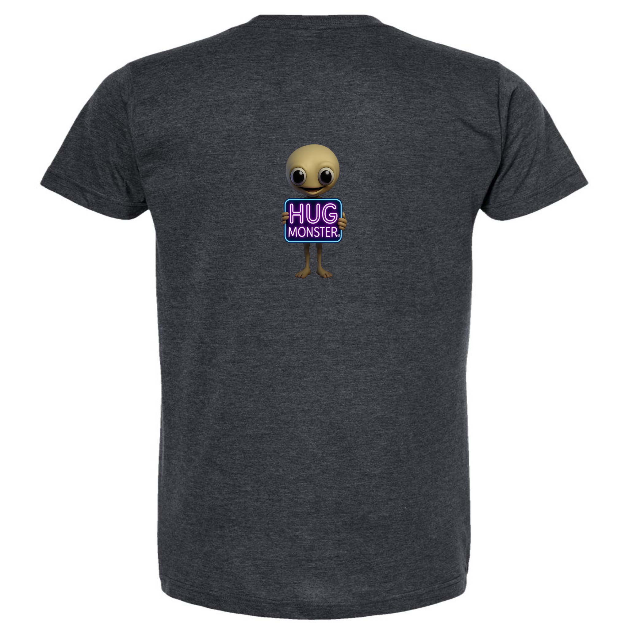 Hug Monster Alien Holds Neon Sign T-Shirt - Positive Message Graphic Tee in Heather Graphite – Back View