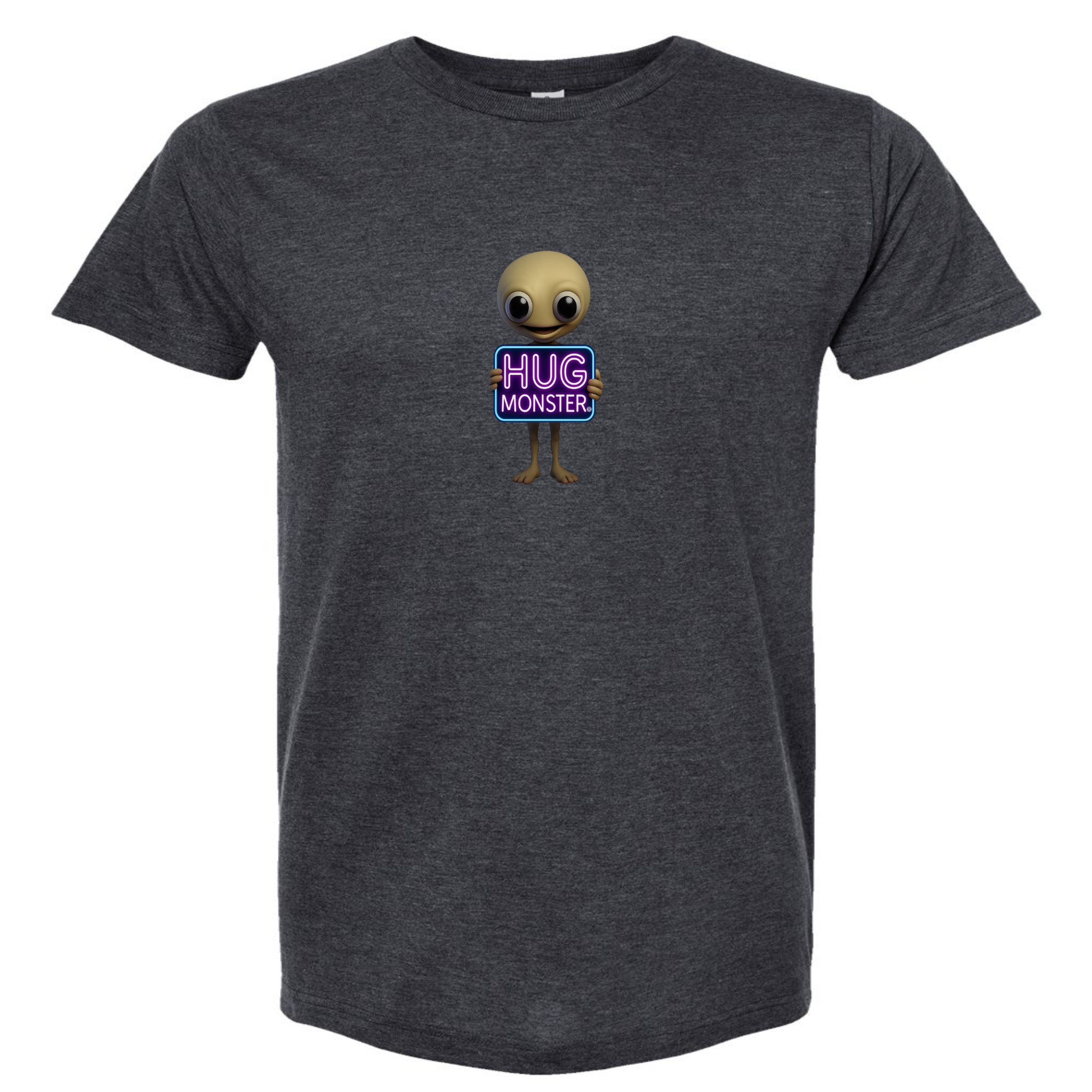 Hug Monster Alien Holds Neon Sign T-Shirt - Positive Message Graphic Tee in Heather Graphite – Front View