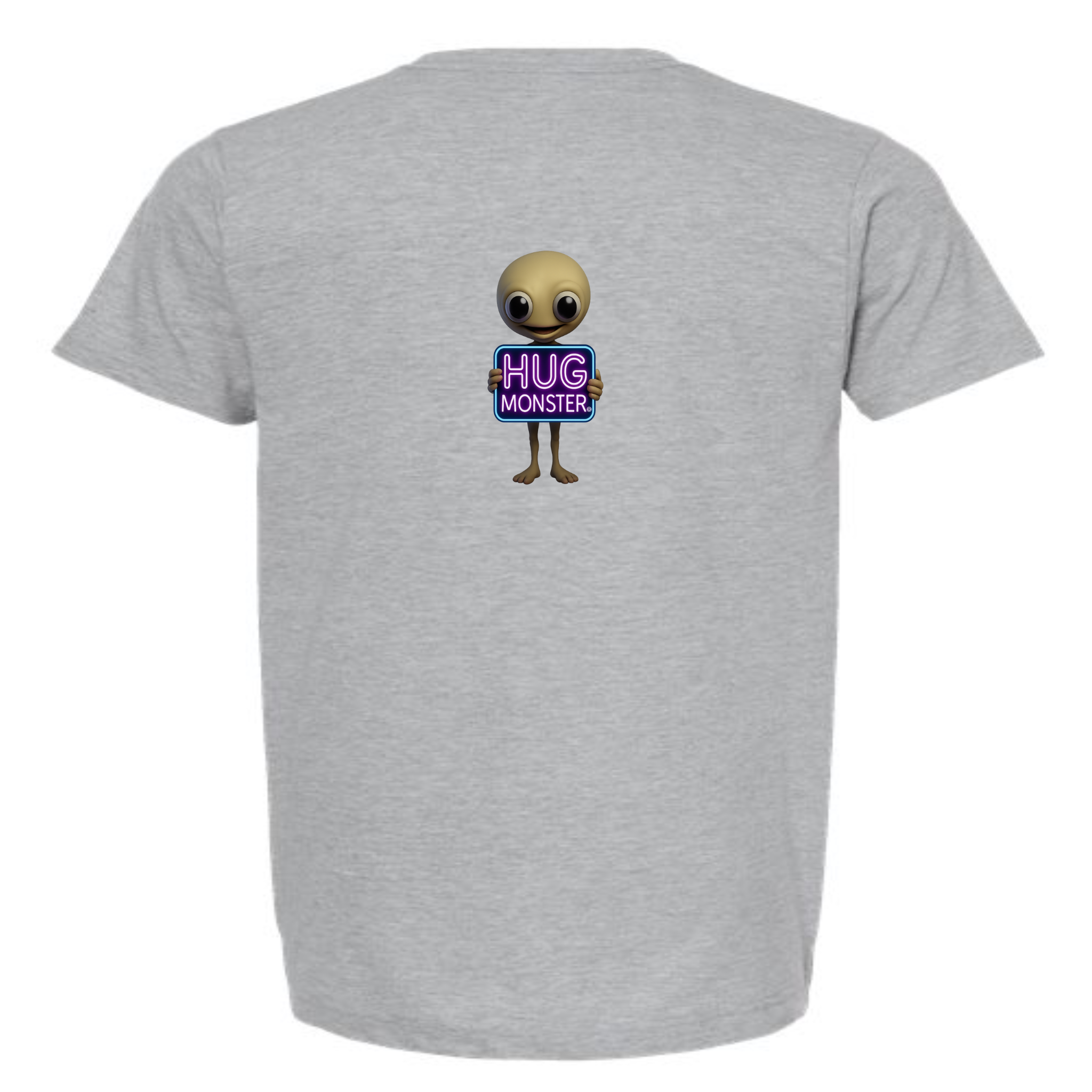 Hug Monster Alien Holds Neon Sign T-Shirt - Positive Message Graphic Tee in Heather Grey – Back View