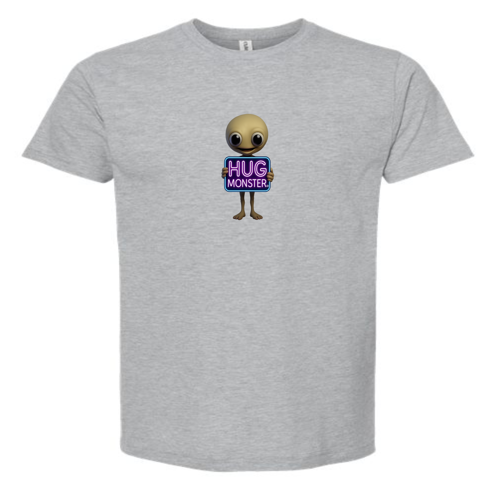 Hug Monster Alien Holds Neon Sign T-Shirt - Positive Message Graphic Tee in Heather Grey – Front View
