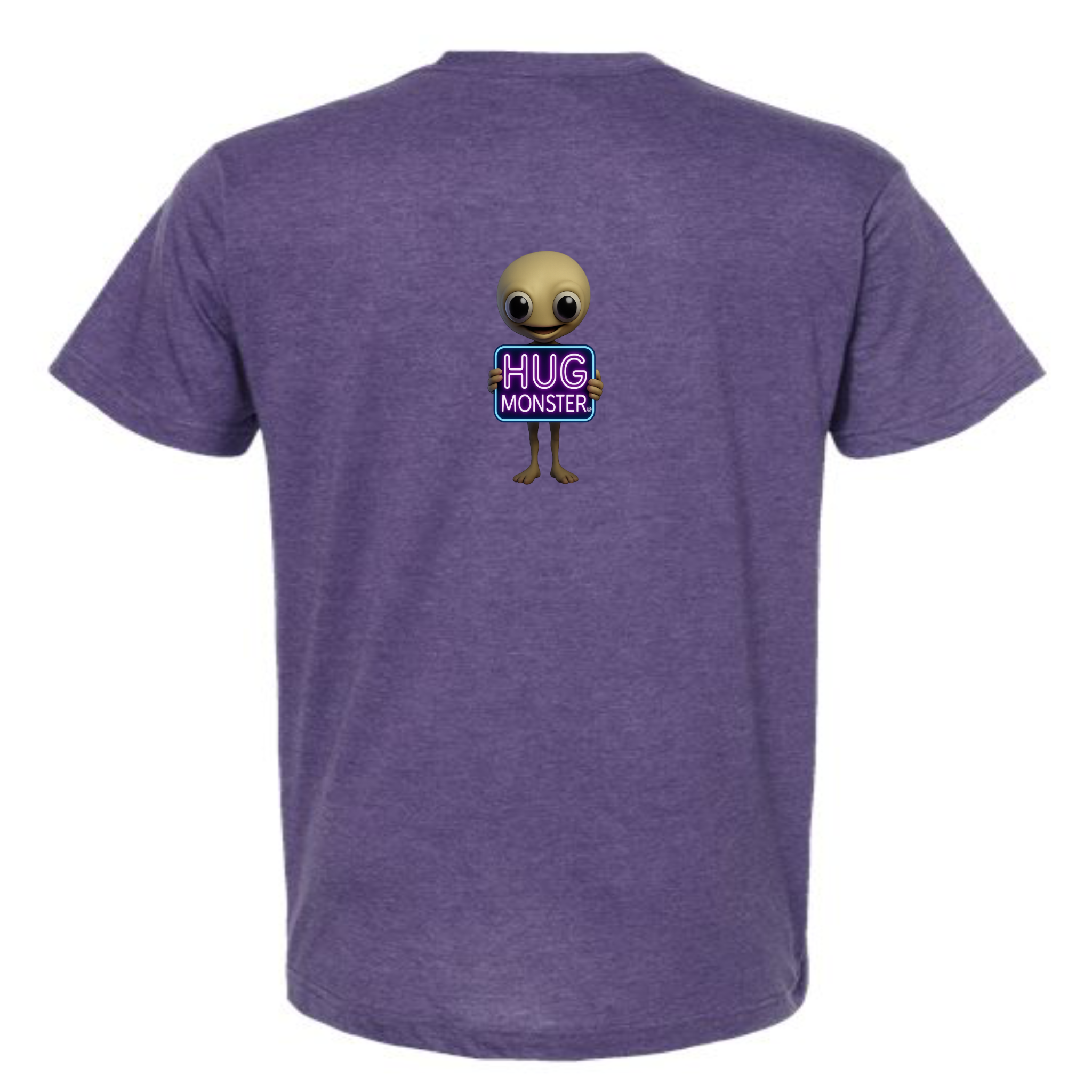 Hug Monster Alien Holds Neon Sign T-Shirt - Positive Message Graphic Tee in Heather Purple – Back View