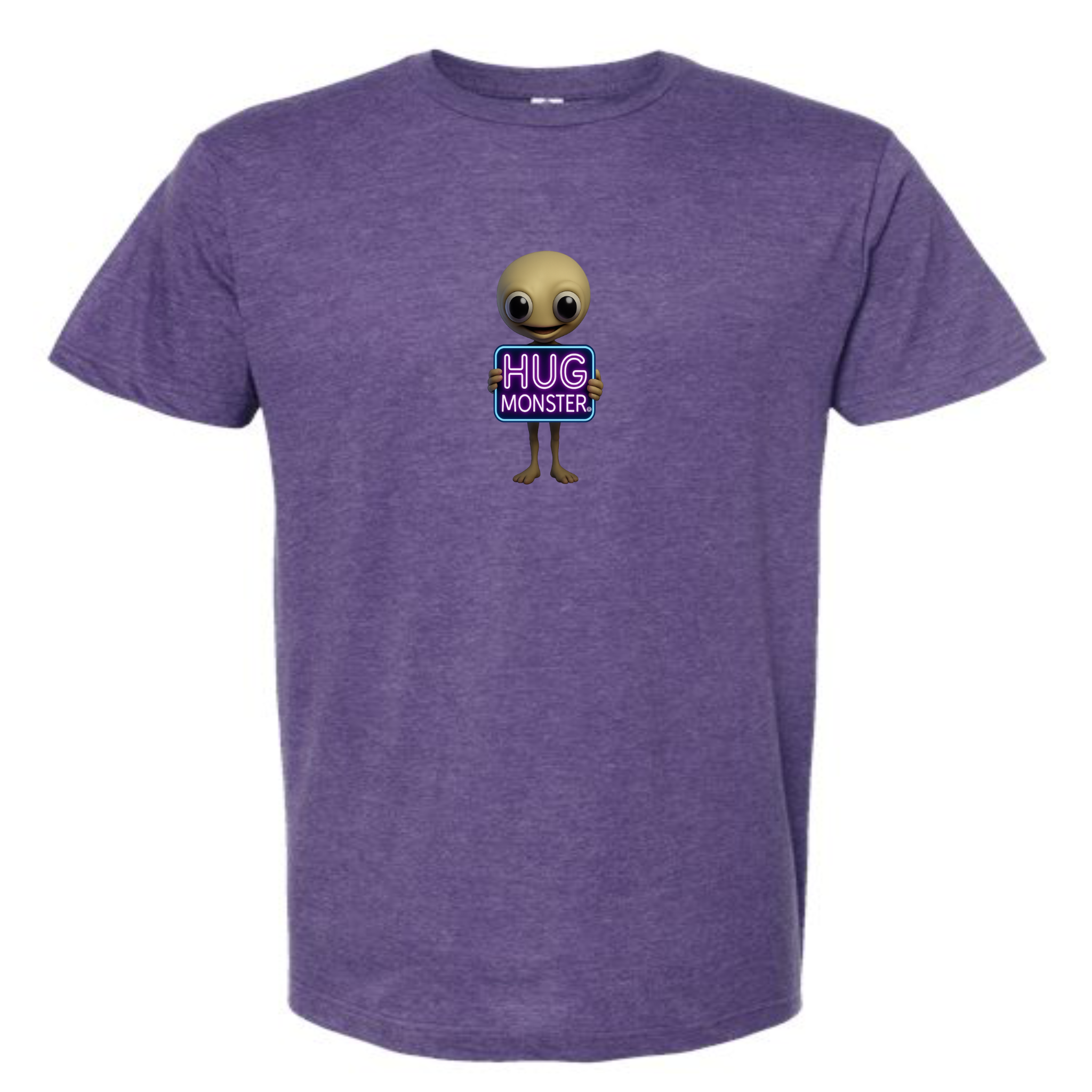 Hug Monster Alien Holds Neon Sign T-Shirt - Positive Message Graphic Tee in Heather Purple – Front View