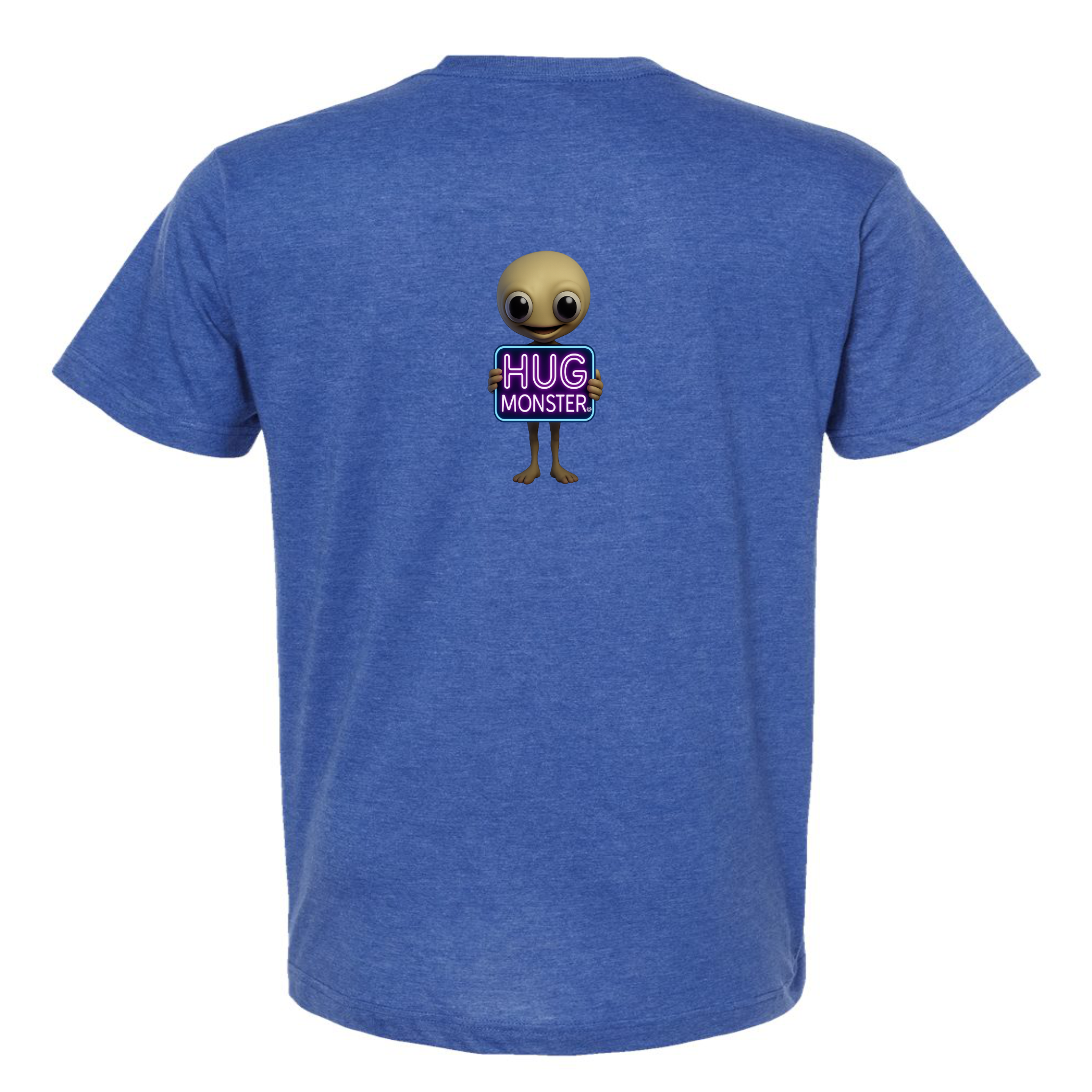 Hug Monster Alien Holds Neon Sign T-Shirt - Positive Message Graphic Tee in Heather Royal Blue – Back View