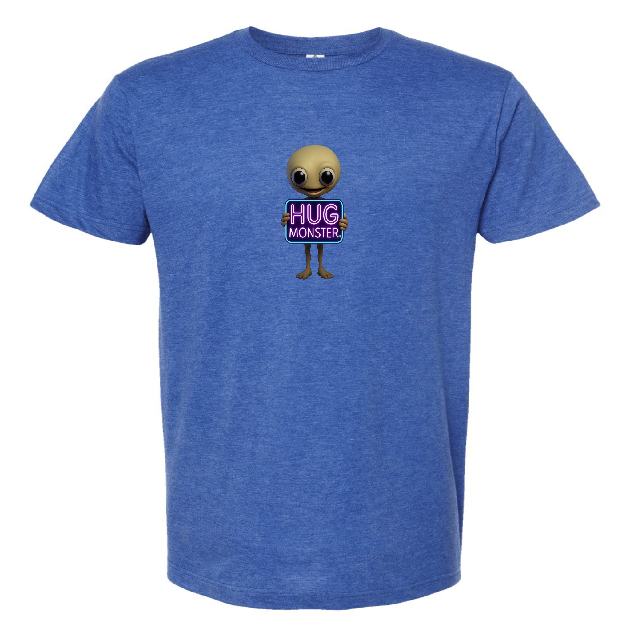 Hug Monster Alien Holds Neon Sign T-Shirt - Positive Message Graphic Tee in Heather Royal Blue – Front View