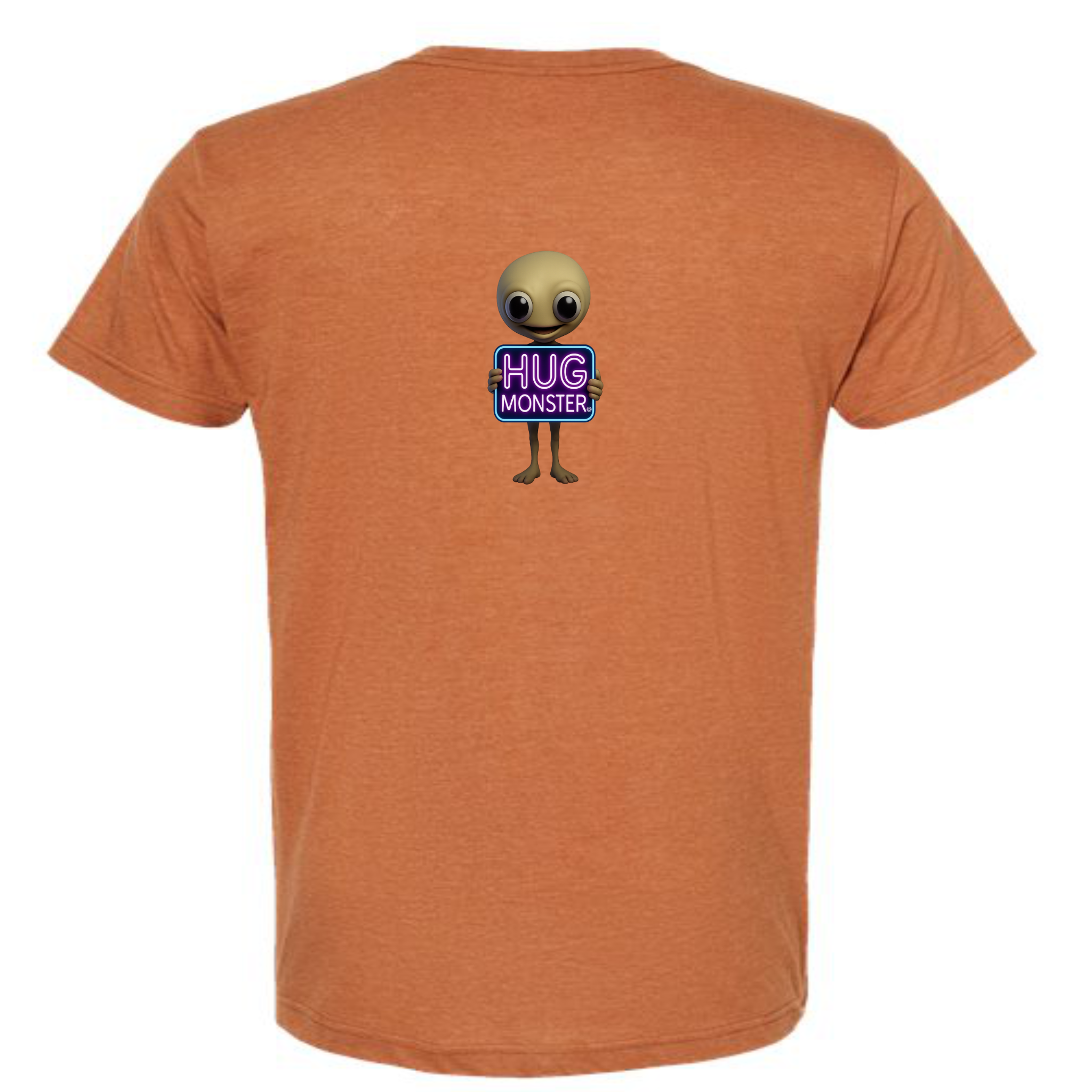 Hug Monster Alien Holds Neon Sign T-Shirt - Positive Message Graphic Tee in Heather Rust – Back View