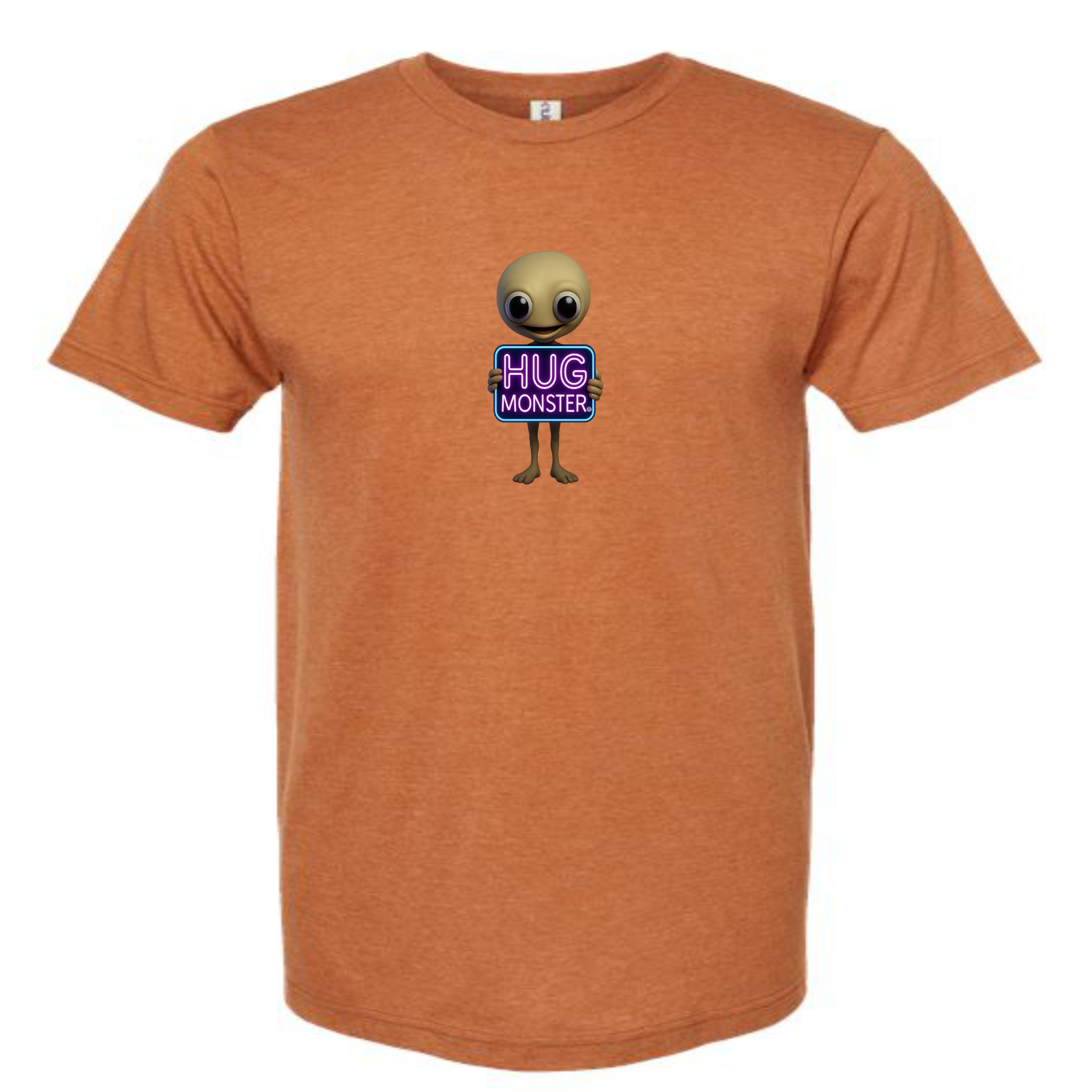 Hug Monster Alien Holds Neon Sign T-Shirt - Positive Message Graphic Tee in Heather Rust – Front View