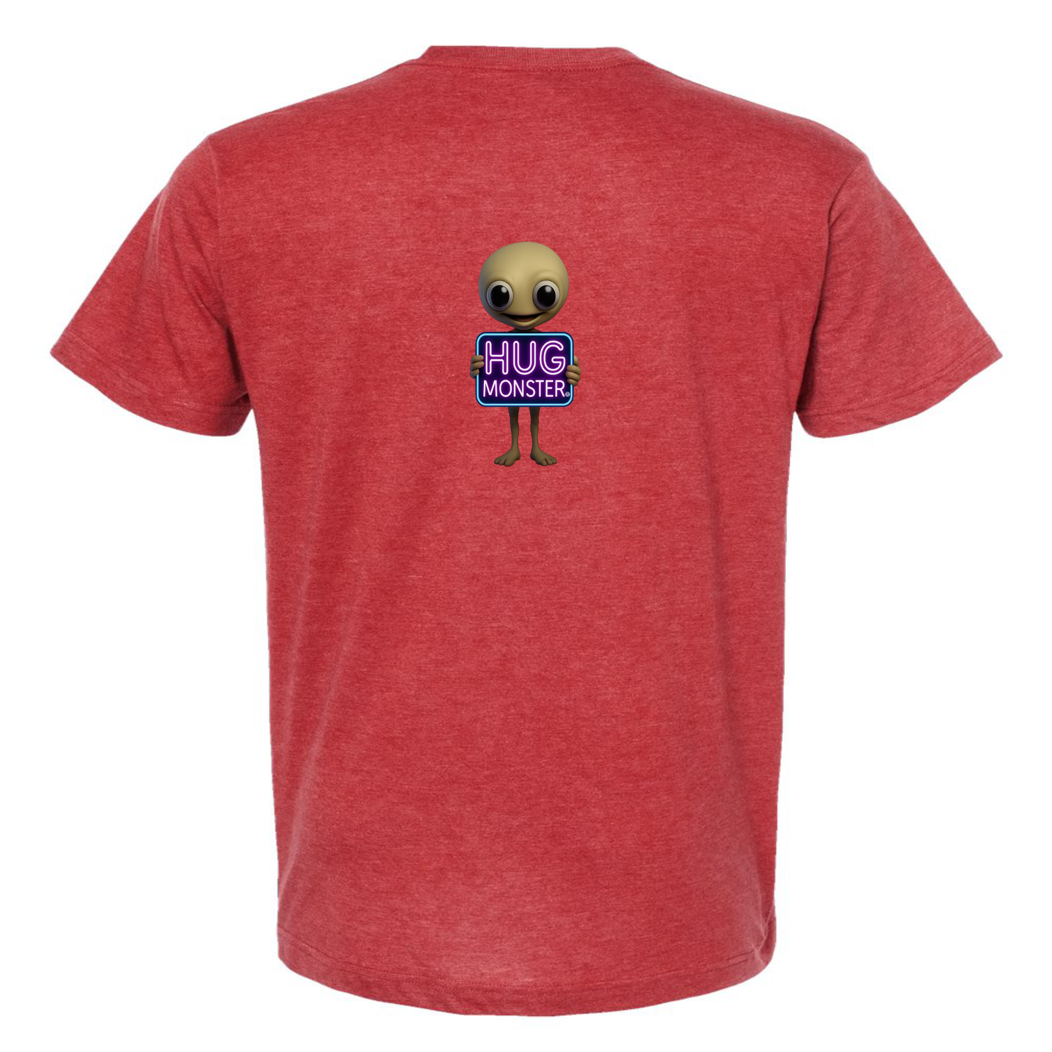 Hug Monster Alien Holds Neon Sign T-Shirt - Positive Message Graphic Tee in Heather Scarlet Red – Back View