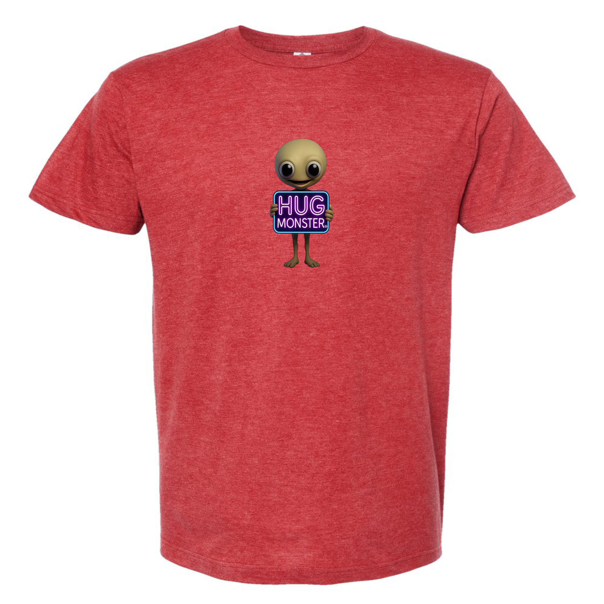 Hug Monster Alien Holds Neon Sign T-Shirt - Positive Message Graphic Tee in Heather Scarlet Red – Front View