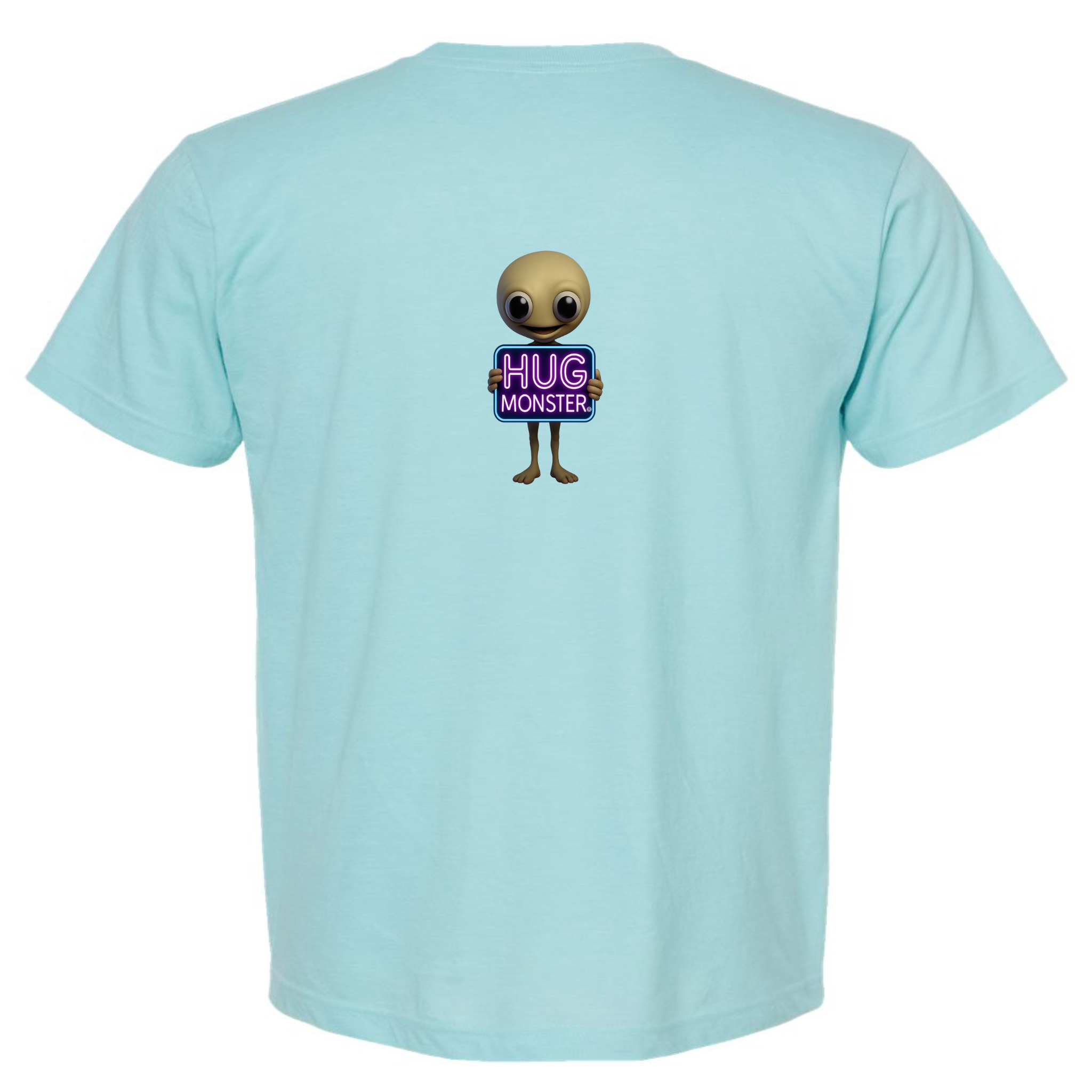 Hug Monster Alien Holds Neon Sign T-Shirt - Positive Message Graphic Tee in Heather Turquoise – Back View