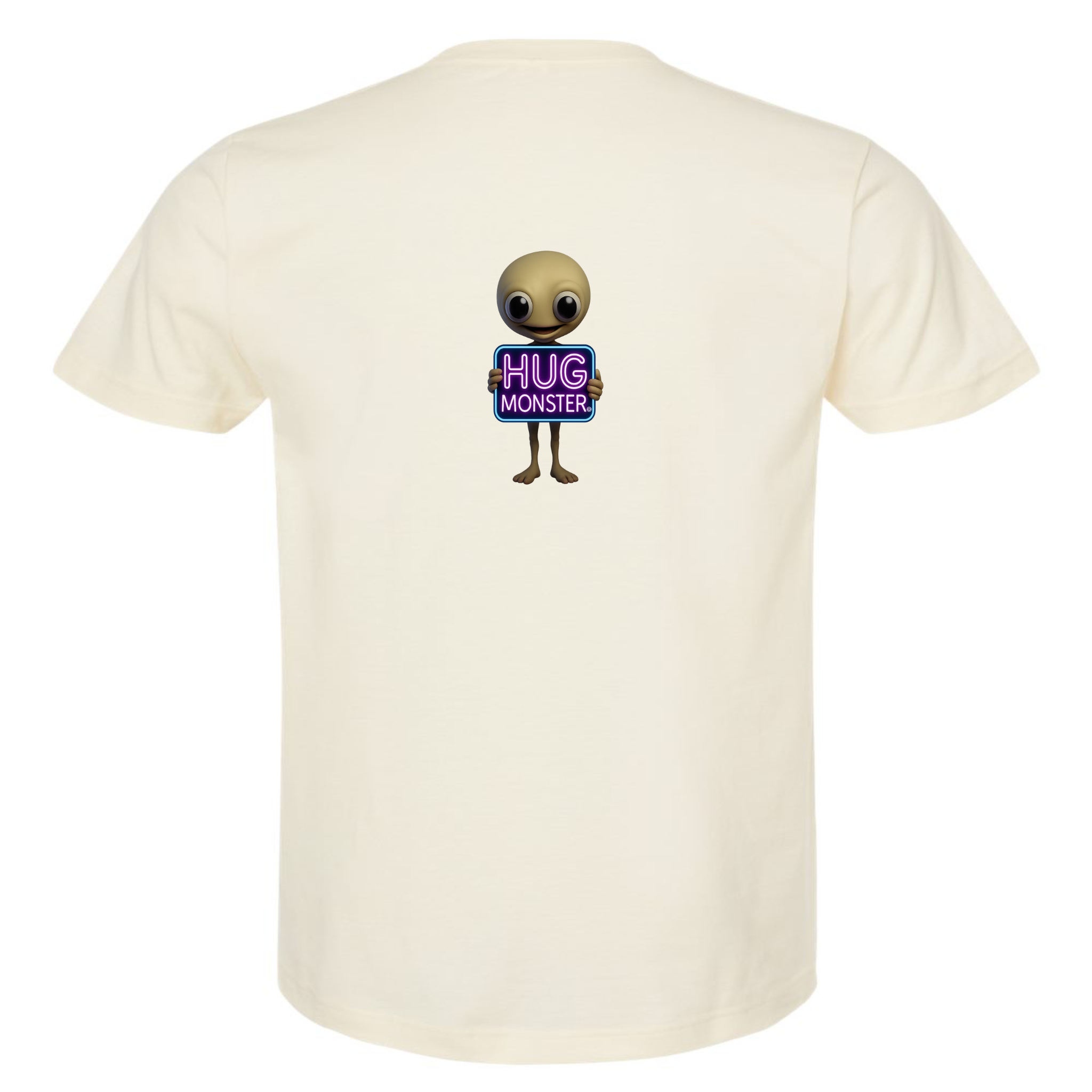 Hug Monster Alien Holds Neon Sign T-Shirt - Positive Message Graphic Tee in Natural – Back View