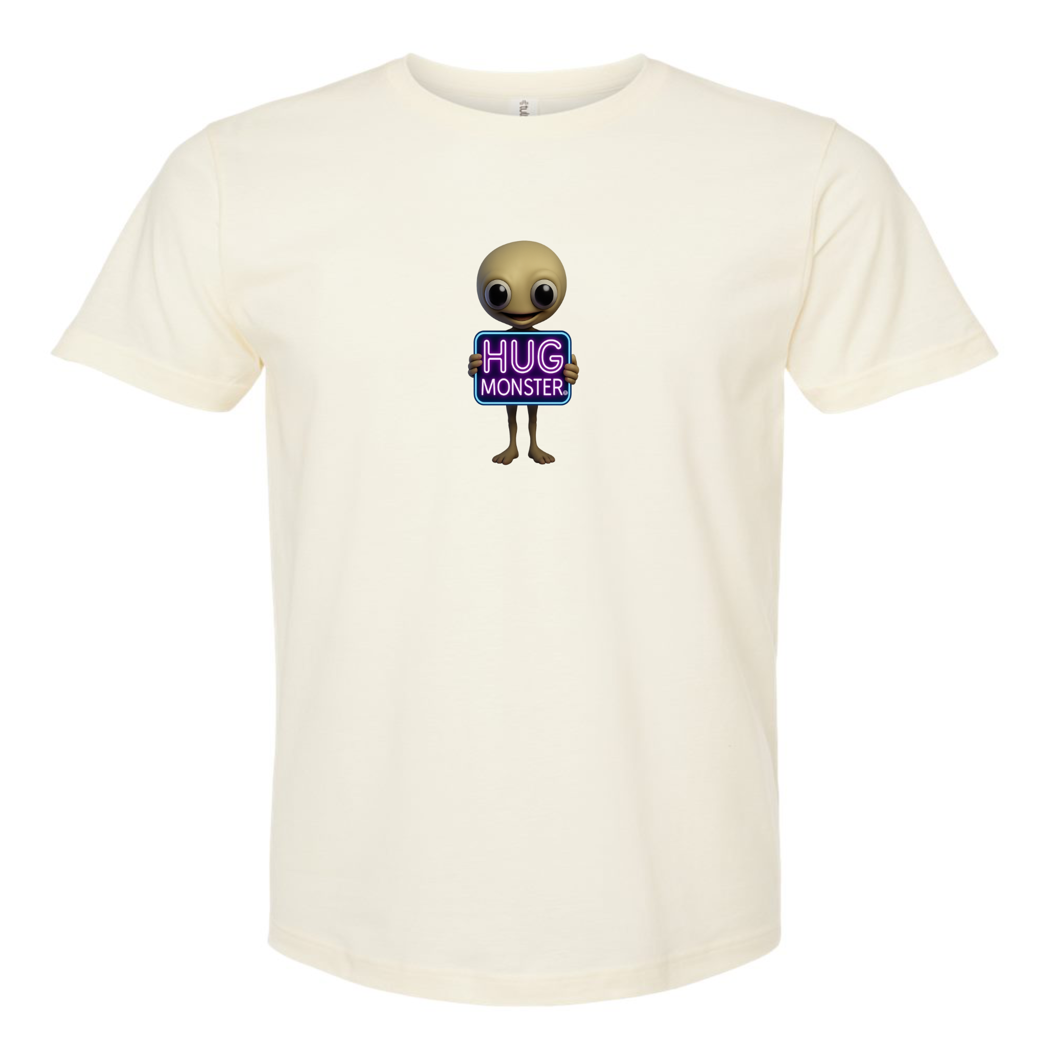 Hug Monster Alien Holds Neon Sign T-Shirt - Positive Message Graphic Tee in Natural – Front View