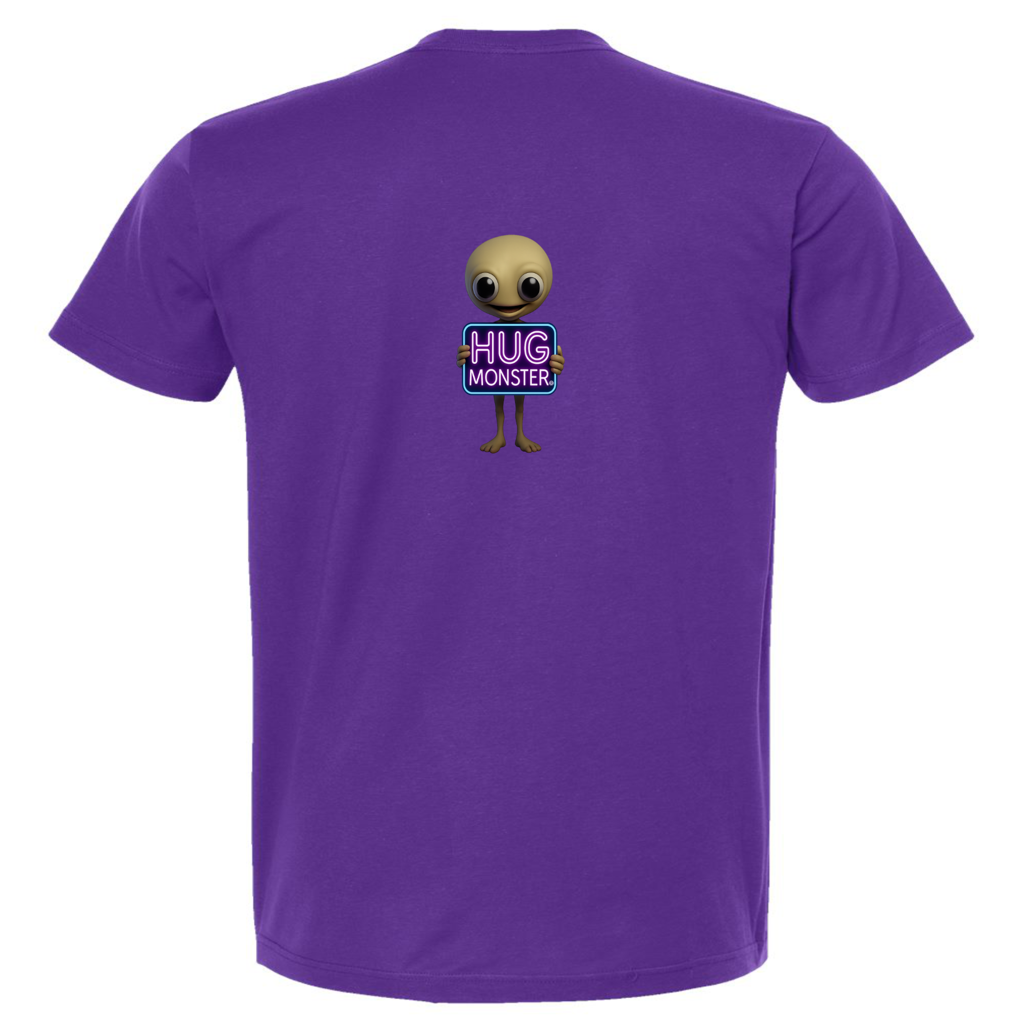 Hug Monster Alien Holds Neon Sign T-Shirt - Positive Message Graphic Tee in Purple – Back View