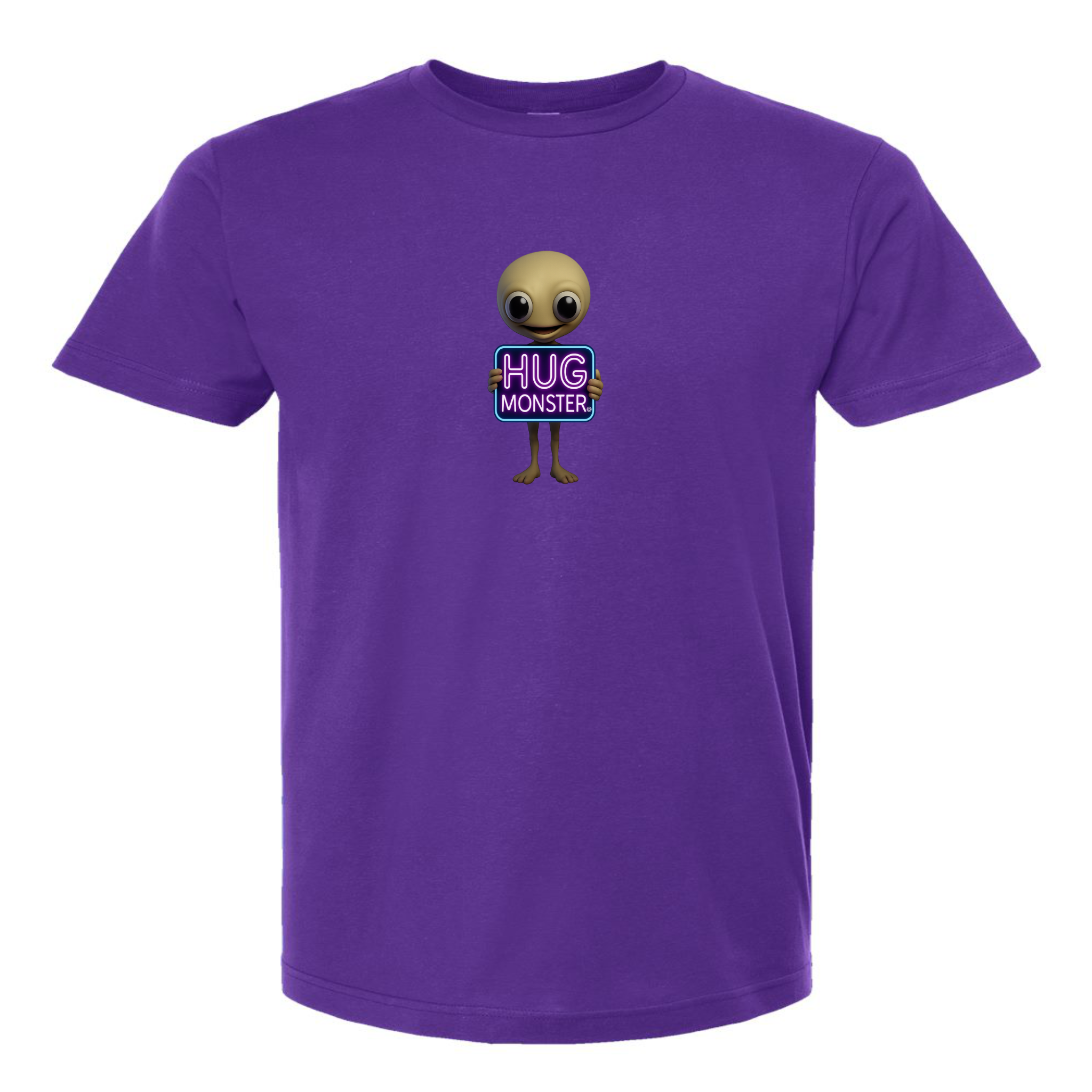 Hug Monster Alien Holds Neon Sign T-Shirt - Positive Message Graphic Tee in Purple – Front View