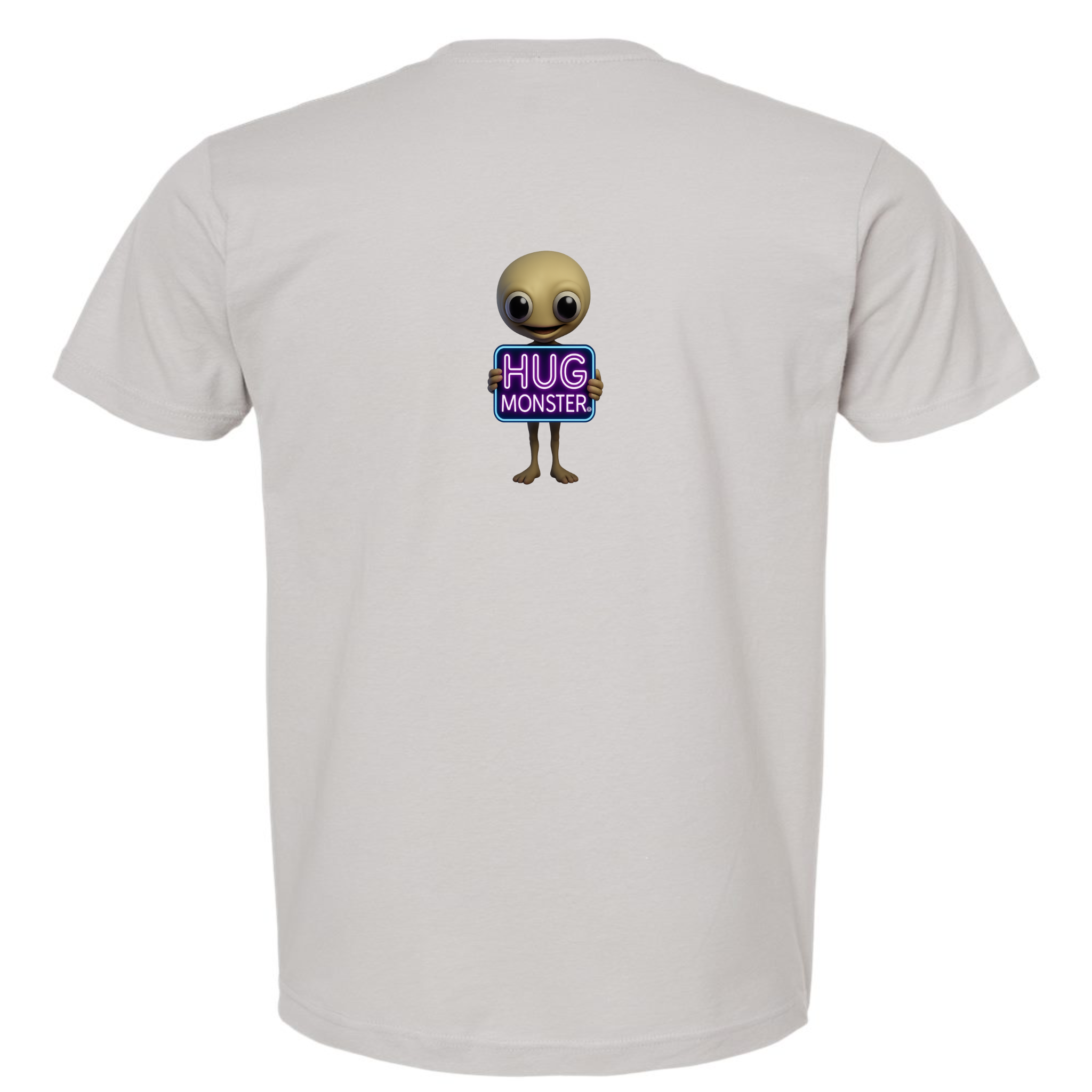 Hug Monster Alien Holds Neon Sign T-Shirt - Positive Message Graphic Tee in Silver – Back View
