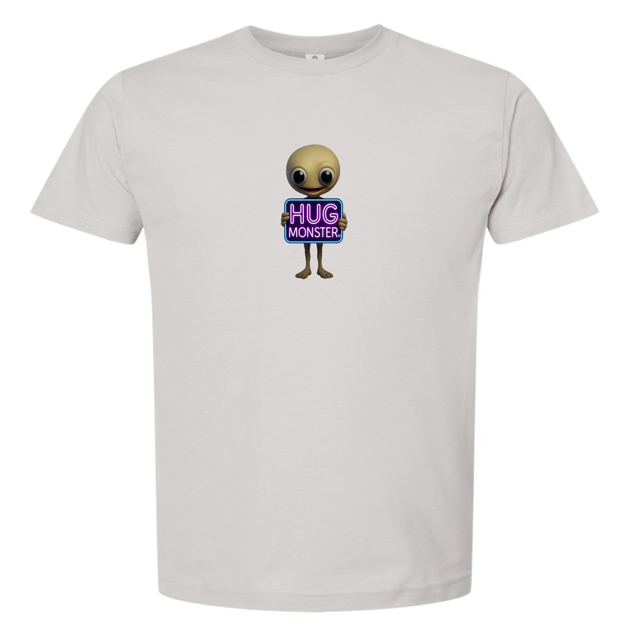 Hug Monster Alien Holds Neon Sign T-Shirt - Positive Message Graphic Tee in Silver – Front View