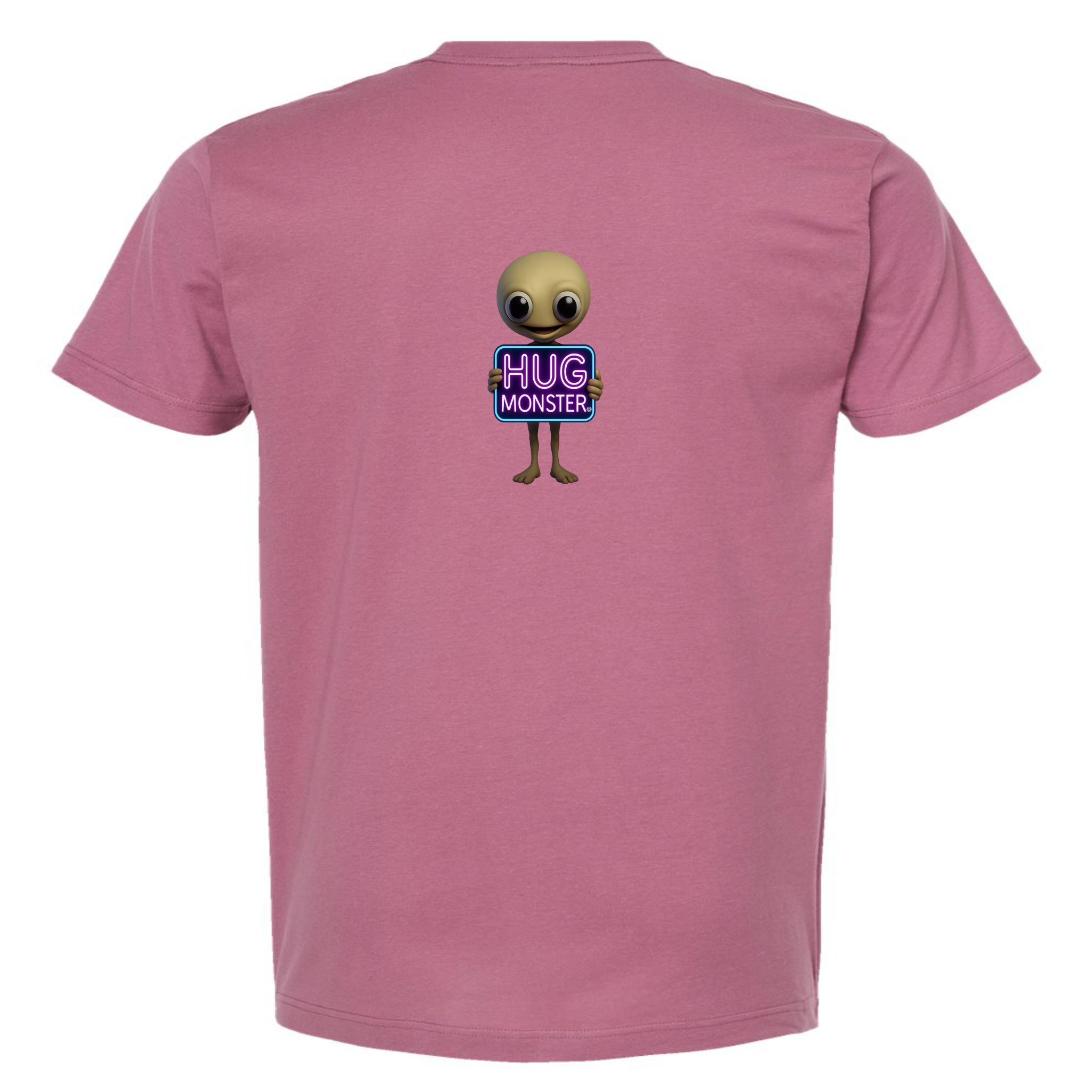 Hug Monster Alien Holds Neon Sign T-Shirt - Positive Message Graphic Tee in Soft Dusty Rose Pink – Back View