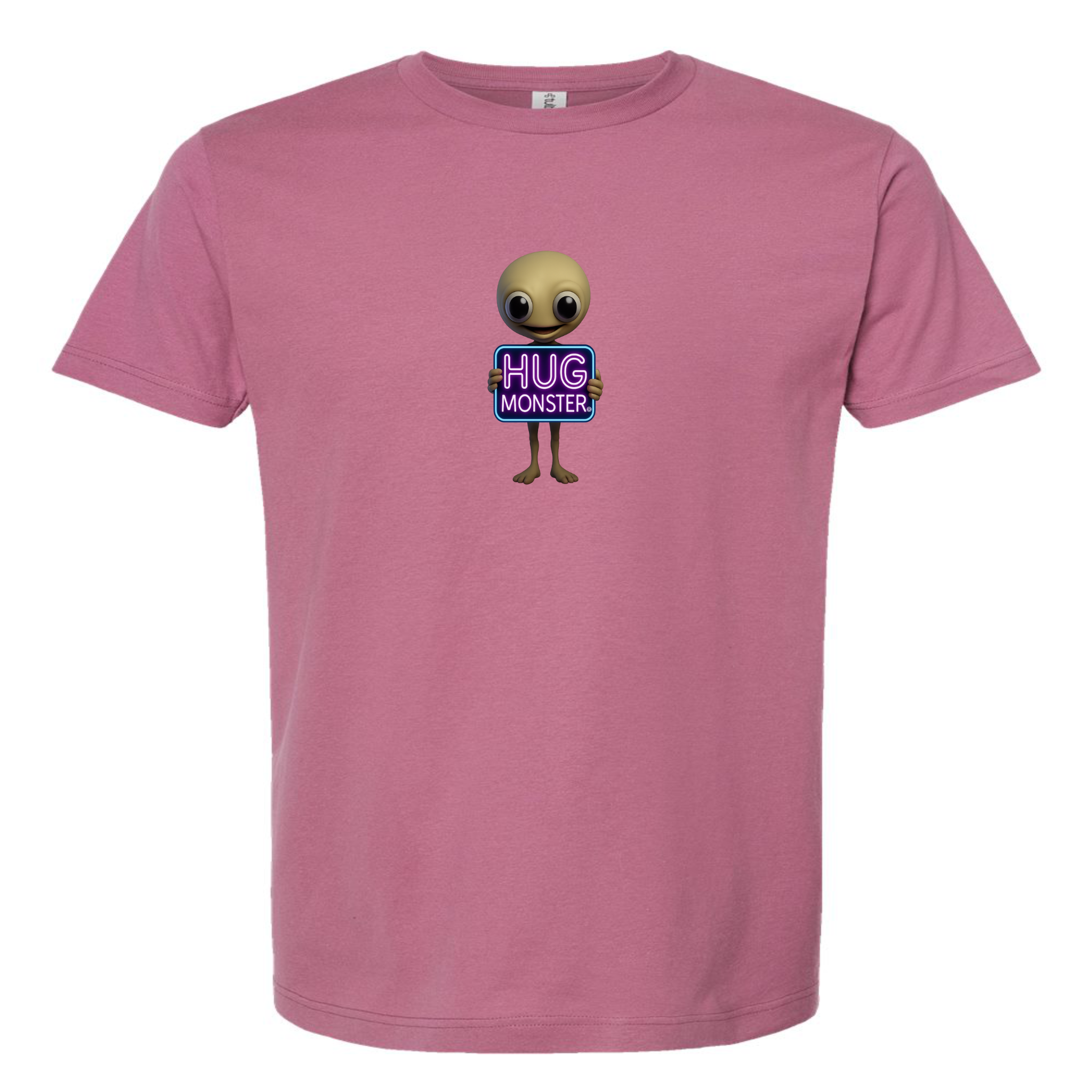Hug Monster Alien Holds Neon Sign T-Shirt - Positive Message Graphic Tee in Soft Dusty Rose Pink – Front View