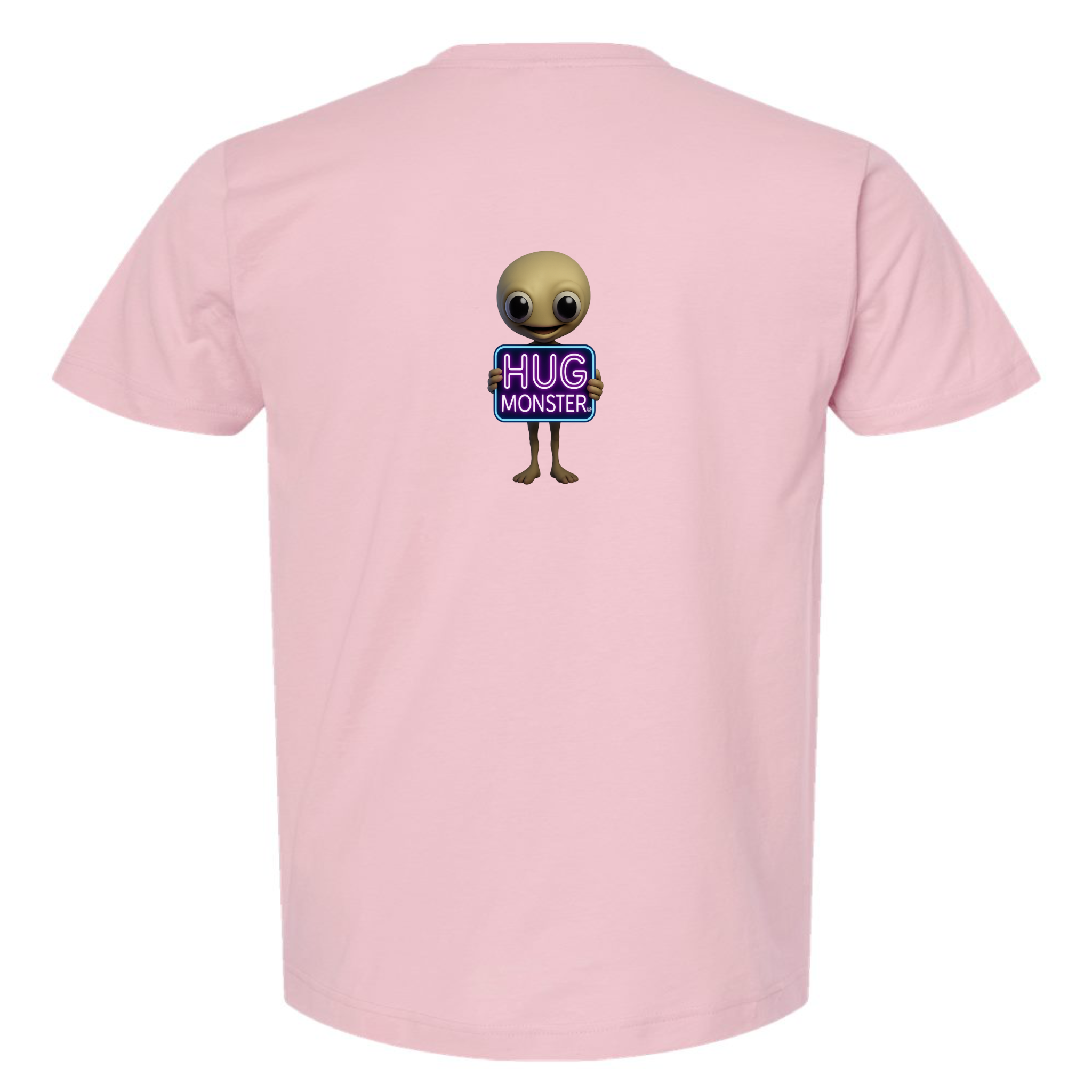 Hug Monster Alien Holds Neon Sign T-Shirt - Positive Message Graphic Tee in Soft Pink – Back View