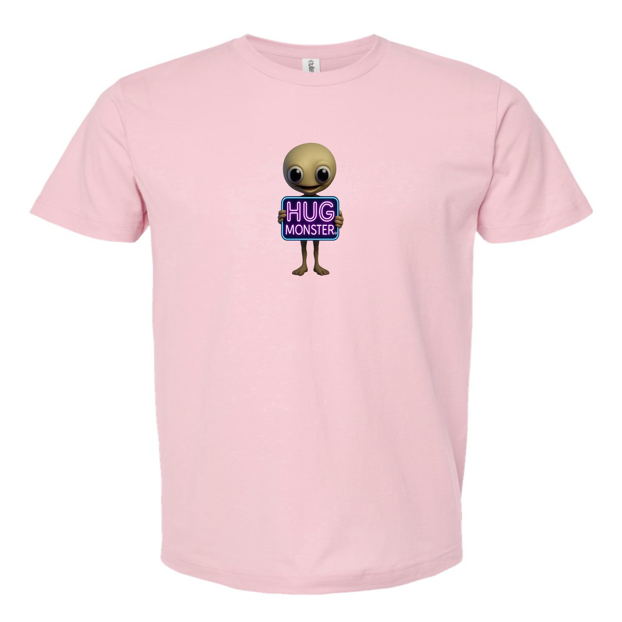 Hug Monster Alien Holds Neon Sign T-Shirt - Positive Message Graphic Tee in Soft Pink – Front View