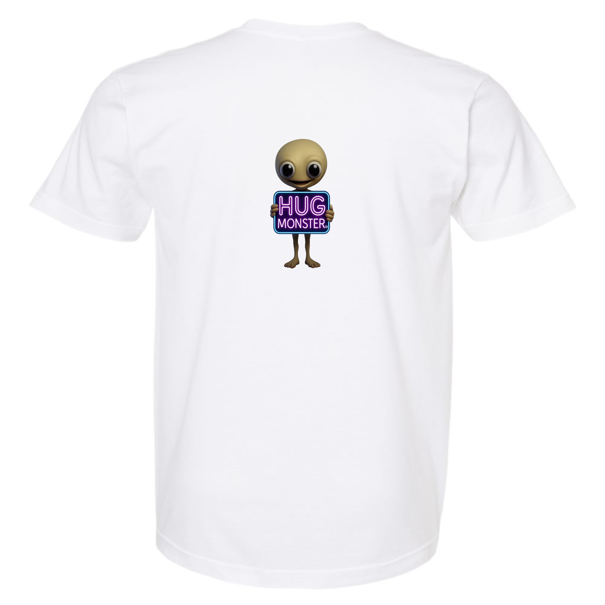 Hug Monster Alien Holds Neon Sign T-Shirt - Positive Message Graphic Tee in White – Back View