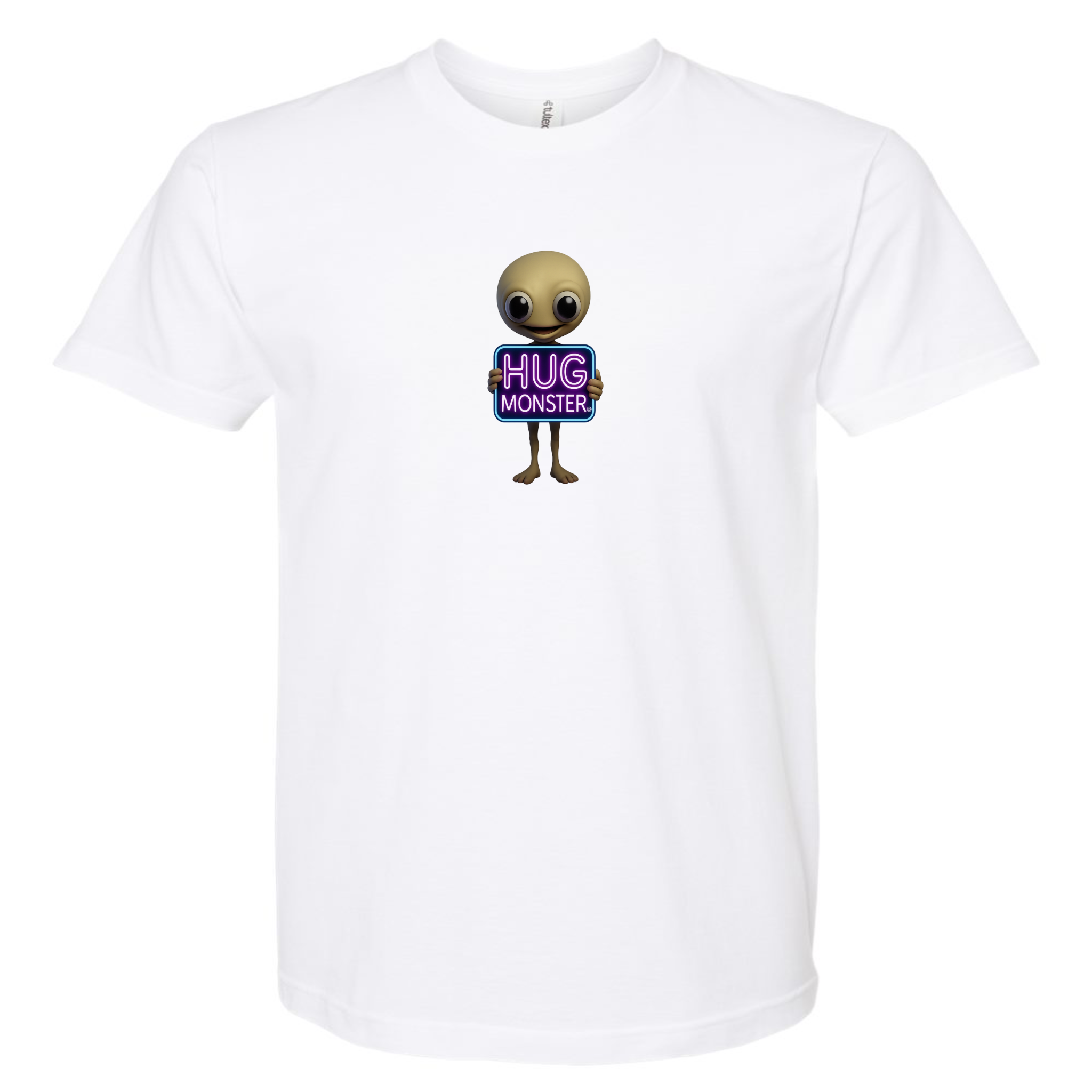 Hug Monster Alien Holds Neon Sign T-Shirt - Positive Message Graphic Tee in White – Front View